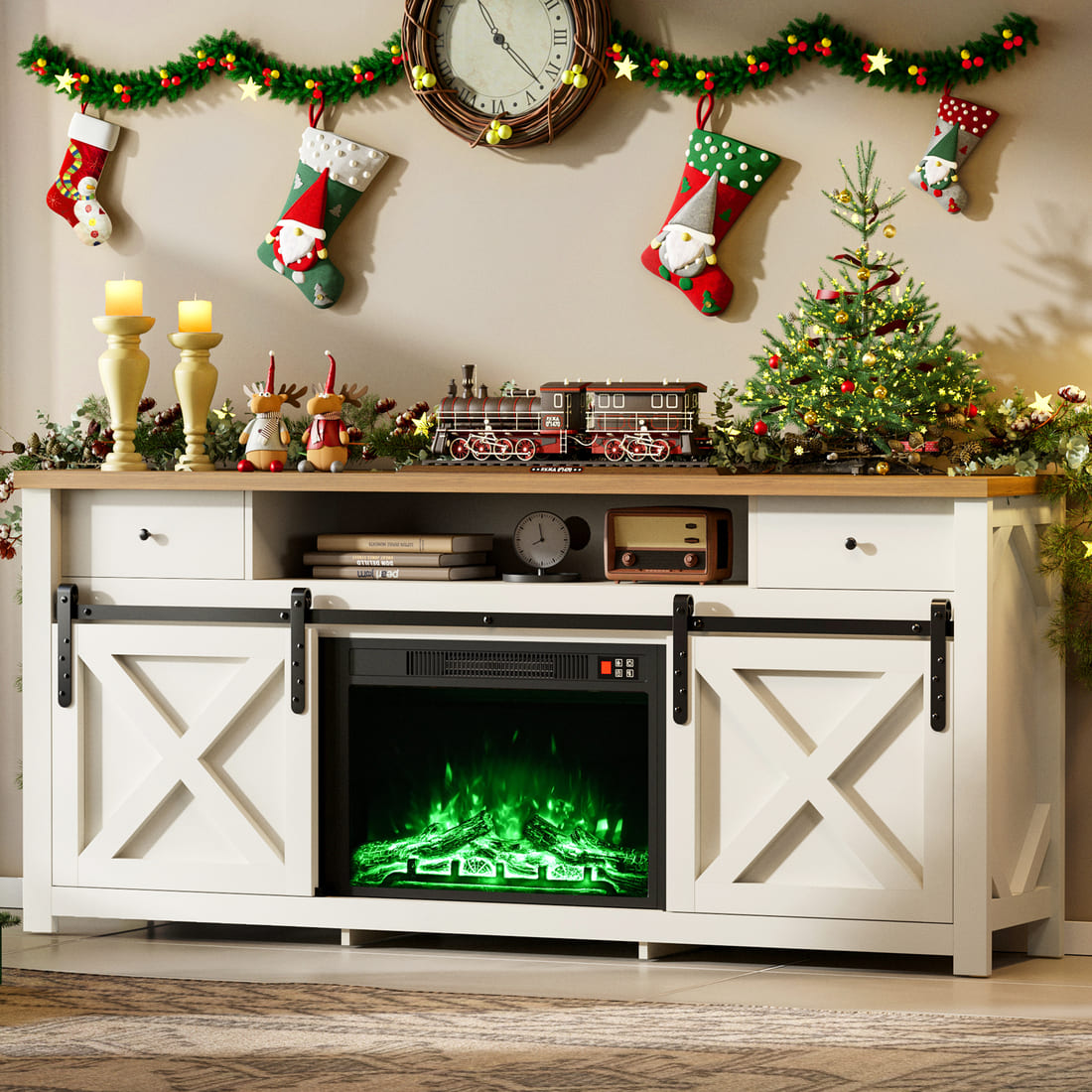 Pamapic 3-Sided Electric Fireplace TV Stand, Farmhouse Entertainment Center with 36" LED Fireplace & Glass Doors for Living Room