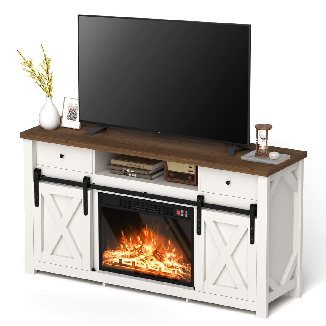 Pamapic 3-Sided Electric Fireplace TV Stand, Farmhouse Entertainment Center with 36" LED Fireplace & Glass Doors for Living Room