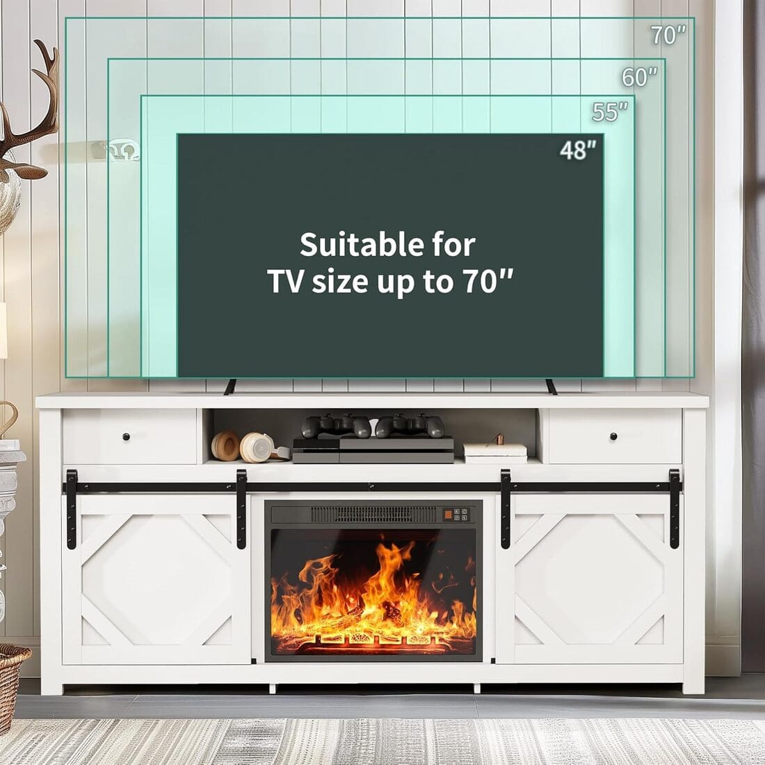 Pamapic 3-Sided Electric Fireplace TV Stand, Farmhouse Entertainment Center with 36" LED Fireplace & Glass Doors for Living Room