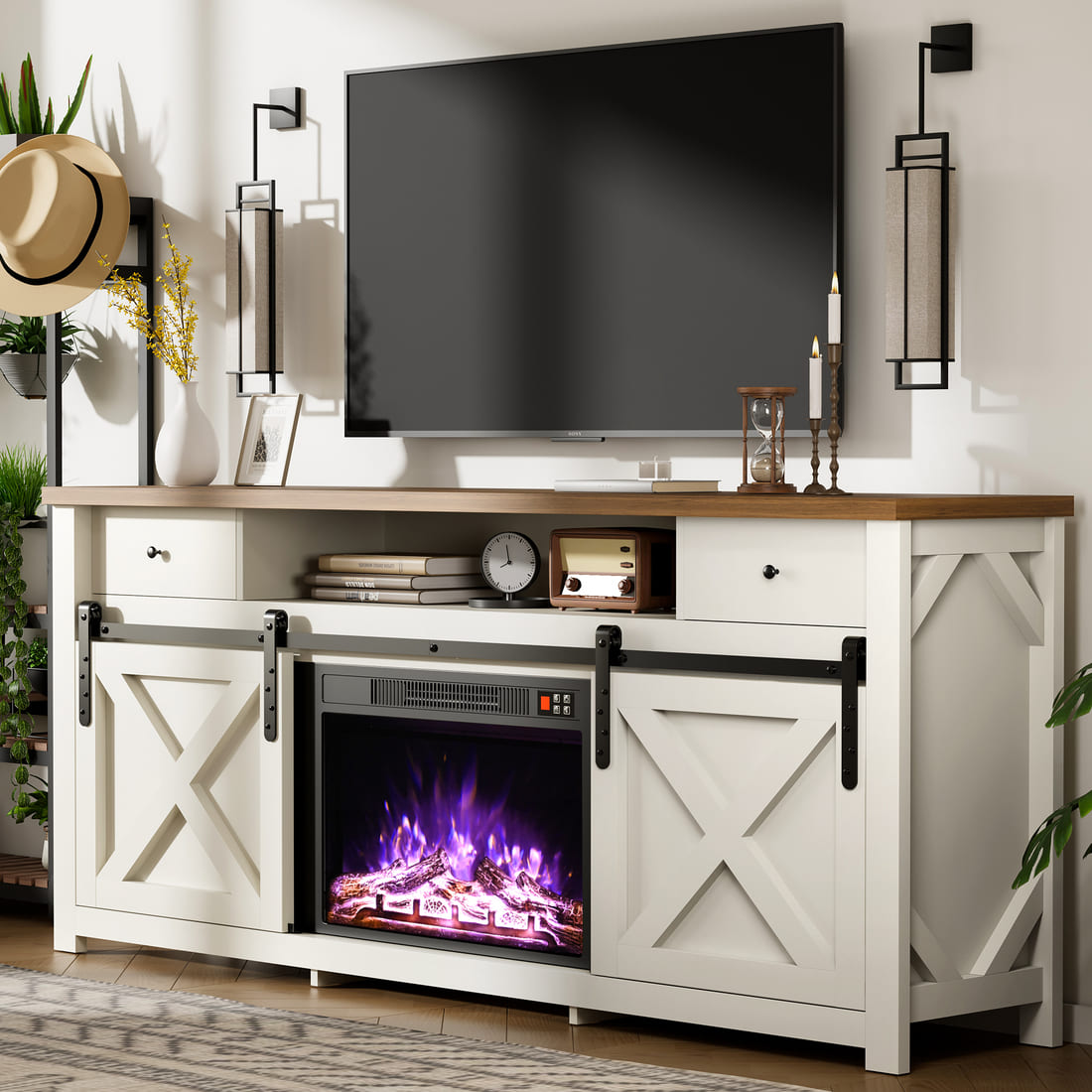 Pamapic 3-Sided Electric Fireplace TV Stand, Farmhouse Entertainment Center with 36" LED Fireplace & Glass Doors for Living Room