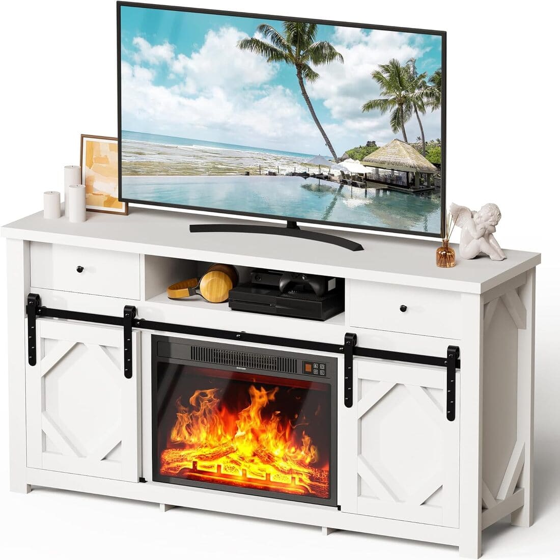 Pamapic 3-Sided Electric Fireplace TV Stand, Farmhouse Entertainment Center with 36" LED Fireplace & Glass Doors for Living Room