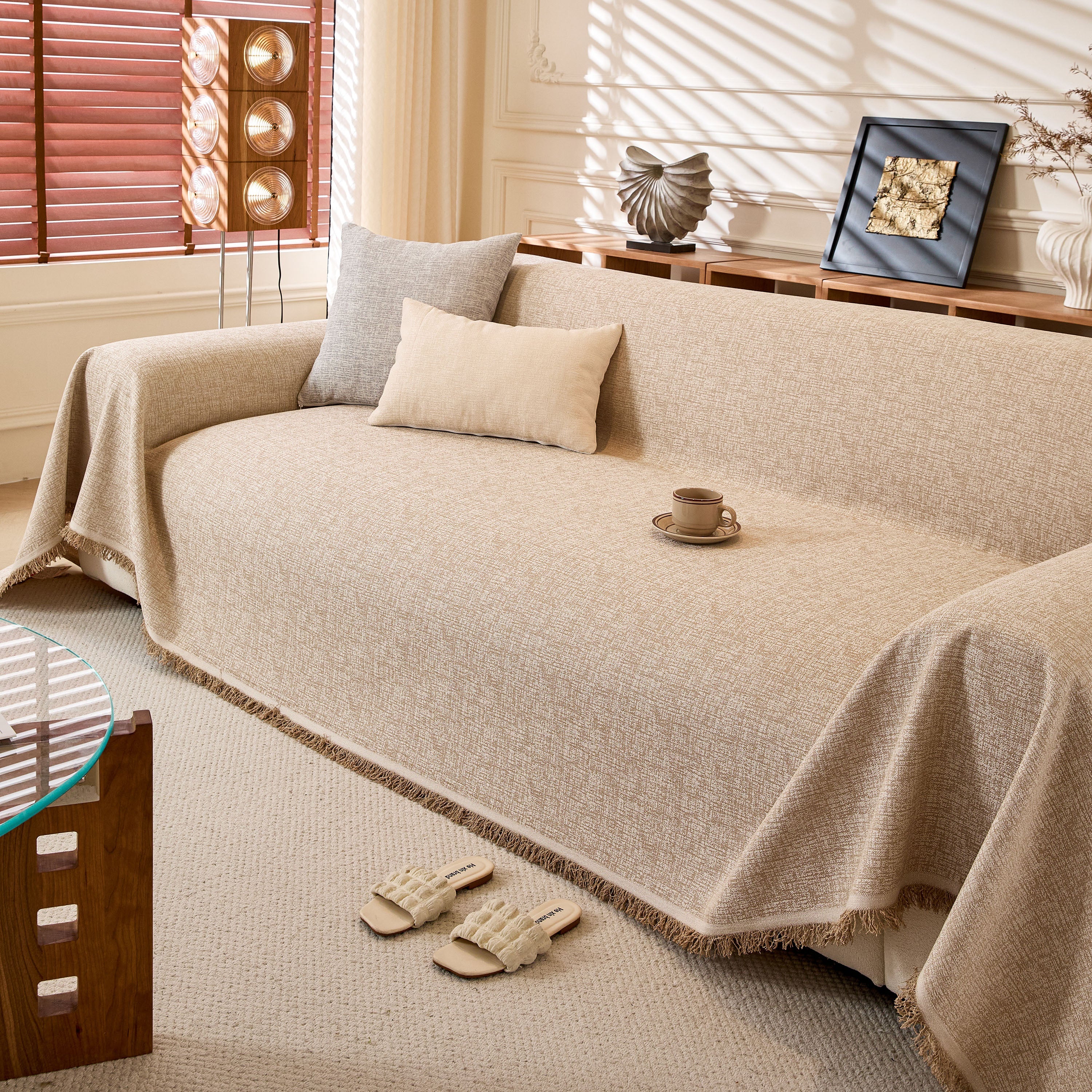 Natural Textured Linen Couch Cover, Breathable & Hypoallergenic Furniture Protector