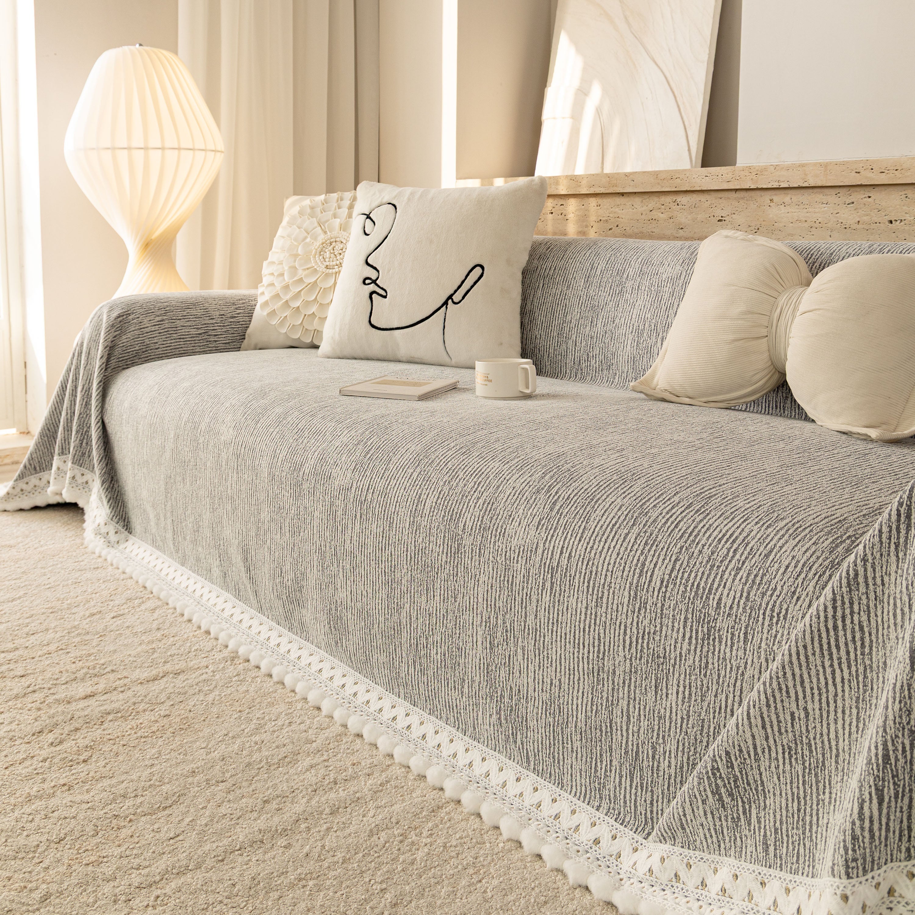 Sofa Cover Throw with Lace Trim & Pom-Pom Fringe, Decorative Couch Cover Blanket