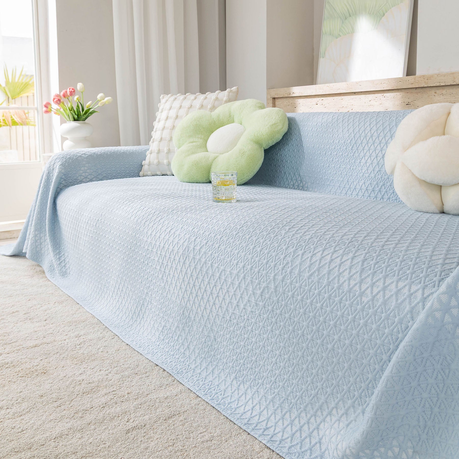 Cooling Ice Silk Sofa Throw Cover, Summer Diamond Textured Furniture Protector Blanket