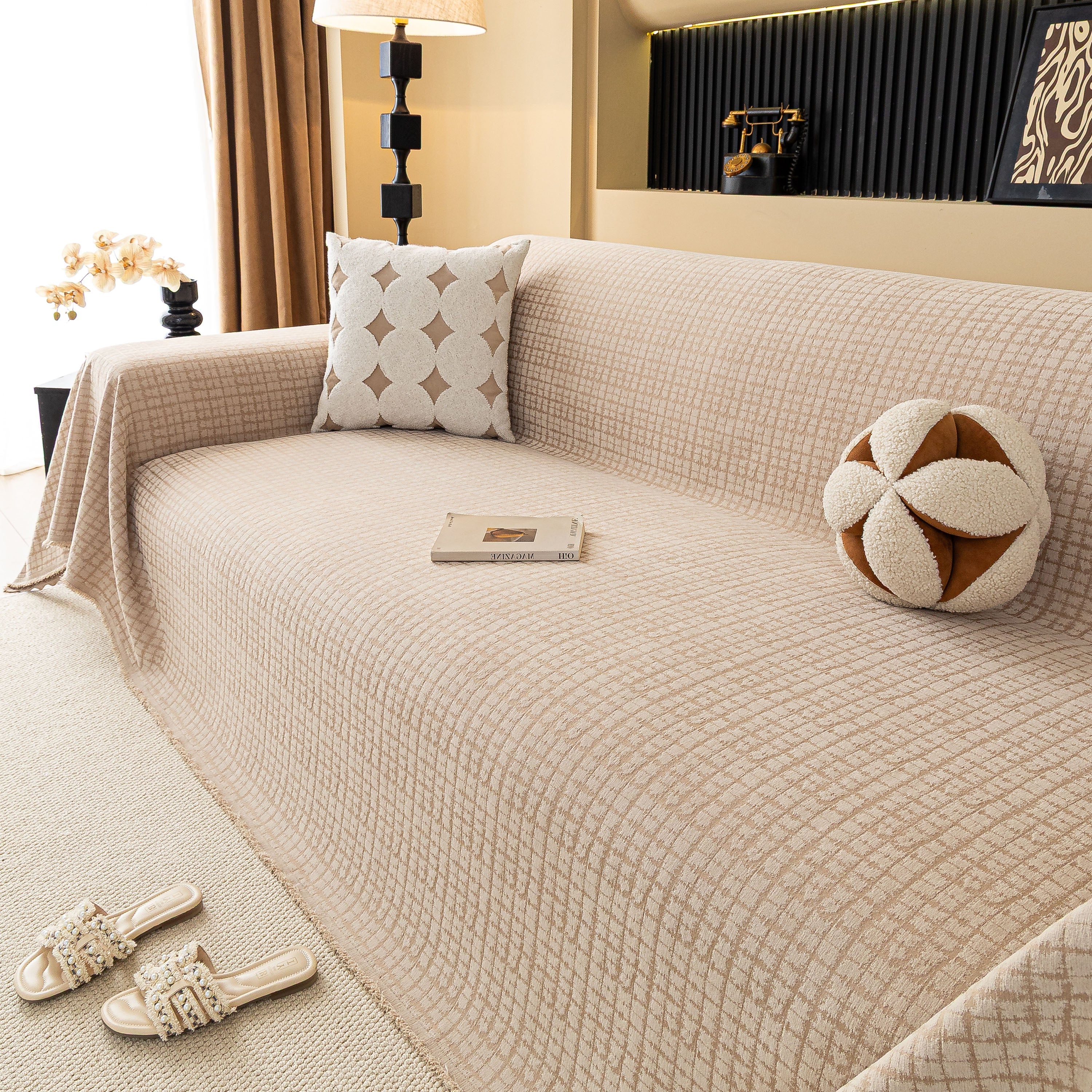 Jacquard Textured Couch Cover Throw, Soft Thick Decorative Slipcover for Couch