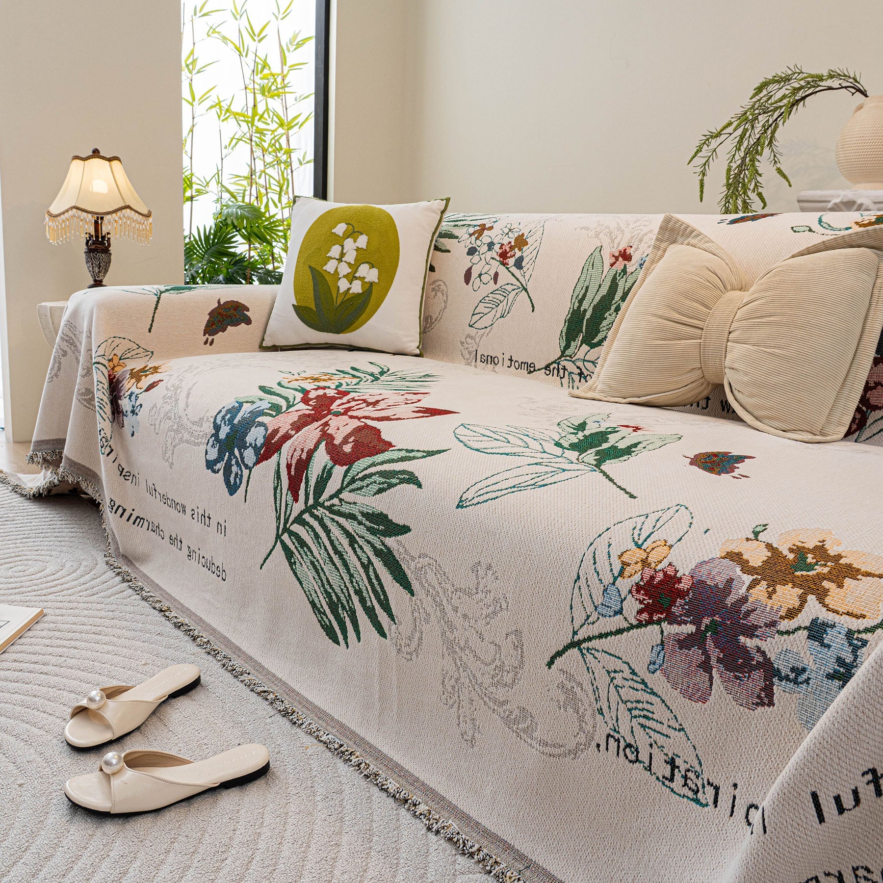 Floral Botanical Butterfly Soft Woven Couch Cover, Boho Cottagecore Sofa Cover Throw