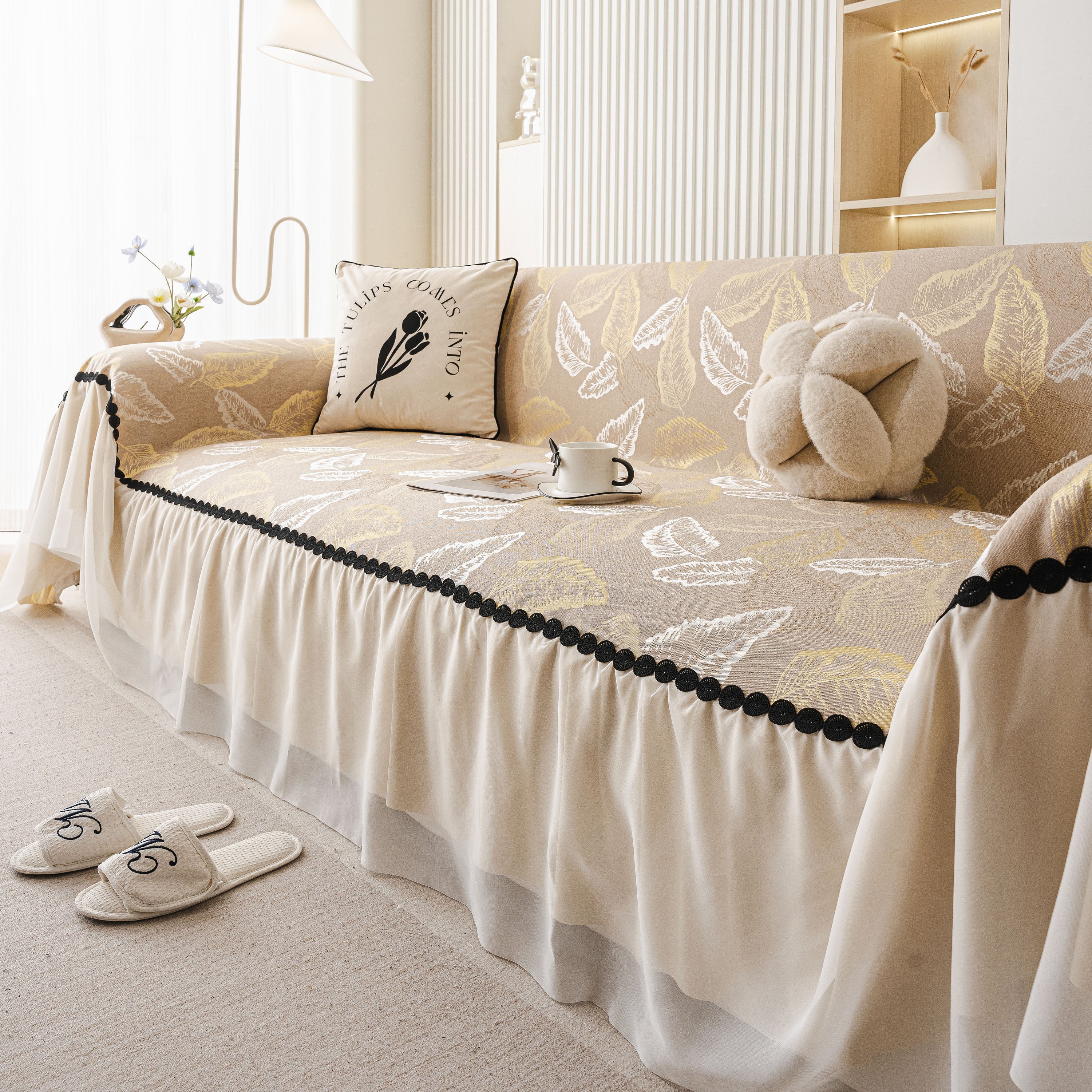 Leaf Jacquard Sofa Cover with Ruffle Skirt – Non-Slip Couch Protector with Sheer Hem