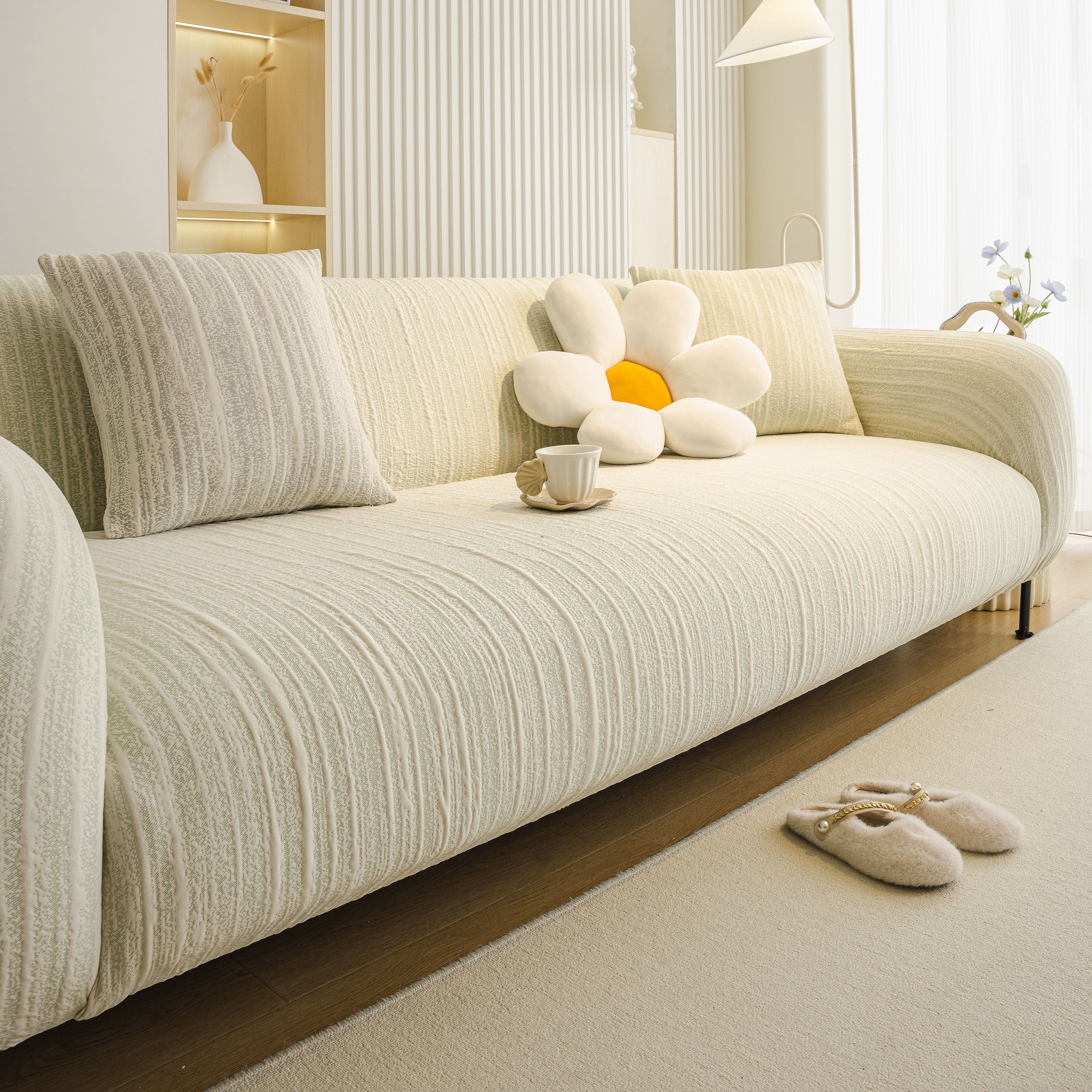Ribbed Washable Sofa Cover, High Stretch Striped Couch Slipcover with Tie Straps