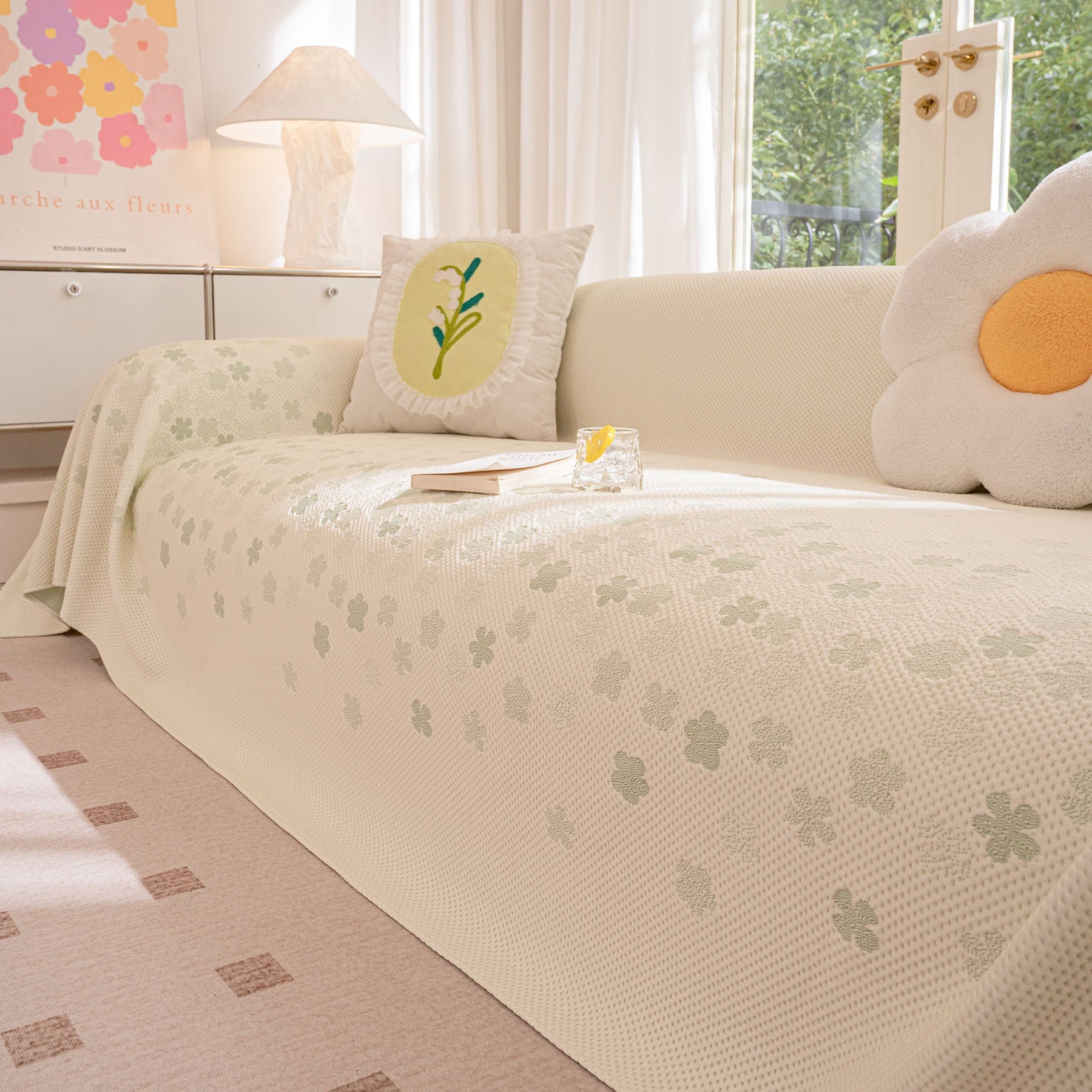 Cooling Ice Silk Sofa Cover Blanket, Floral Soft Silky Breathable Couch Throw Cover