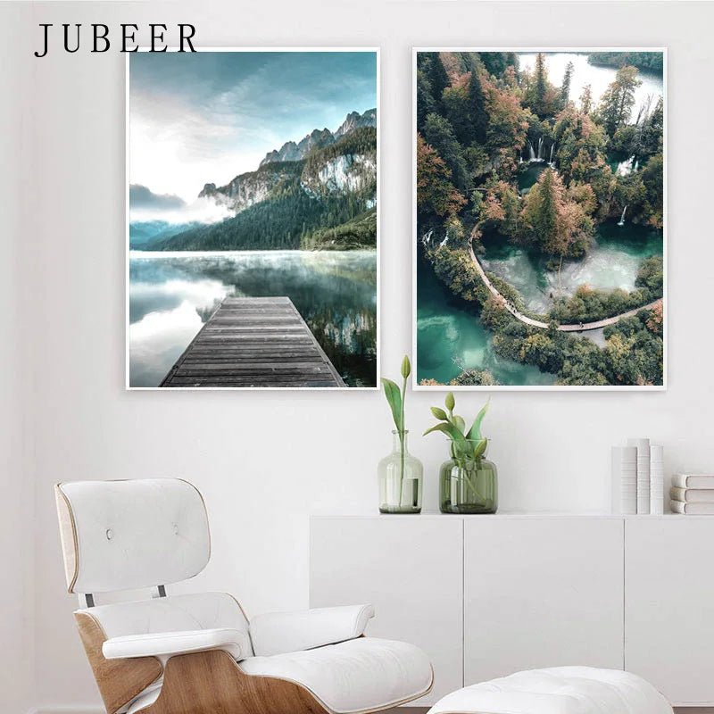 Forest Mountain Lake Famous Scenery Poster Nordic Style Canvas Print Nature Landscape Art Painting Wall Picture Home Decoration