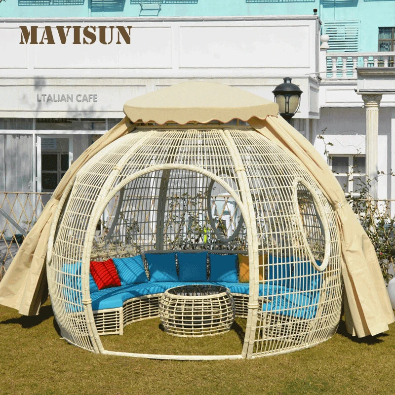 Moder Outdoor Rattan Tent With 3 Doors Sofa For Garden Terrace Courtyard Home Hemispherical Water Proof Cloth Camping Furniture