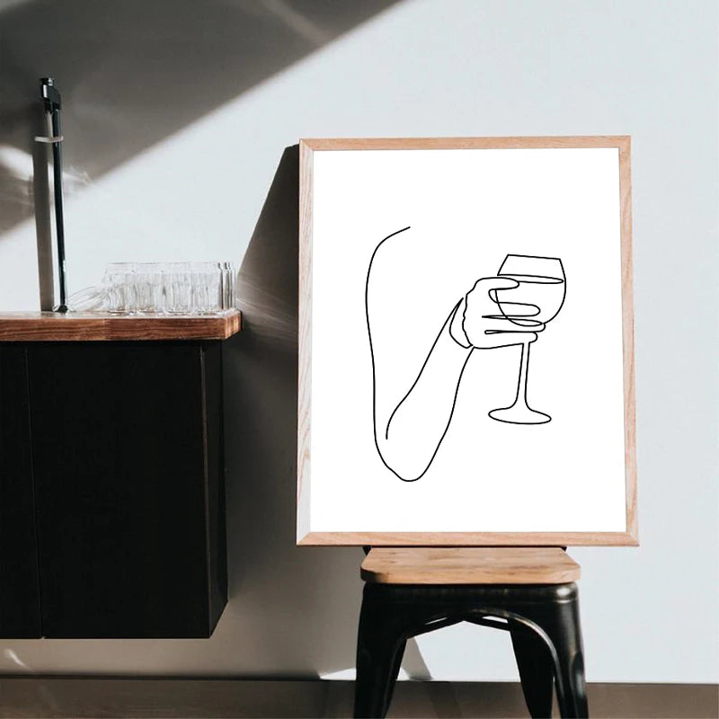 Wine Abstract Fine Art Line Drawing Painting Cheers Bar Cart Print Canvas Poster Nordic Minimal Decoration Picture Kitchen Decor
