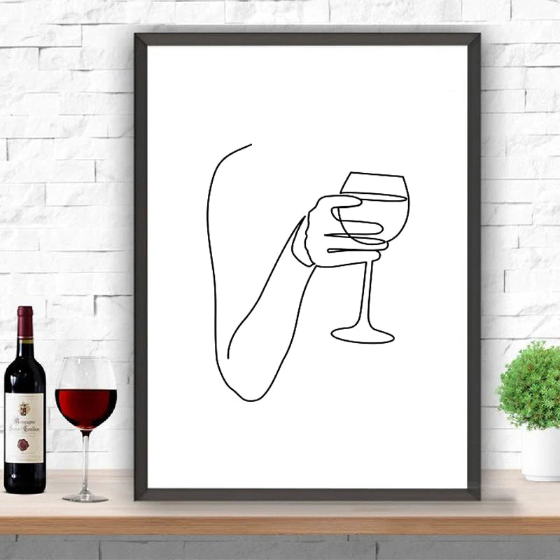 Wine Abstract Fine Art Line Drawing Painting Cheers Bar Cart Print Canvas Poster Nordic Minimal Decoration Picture Kitchen Decor