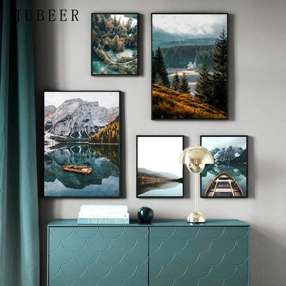 Forest Mountain Lake Famous Scenery Poster Nordic Style Canvas Print Nature Landscape Art Painting Wall Picture Home Decoration