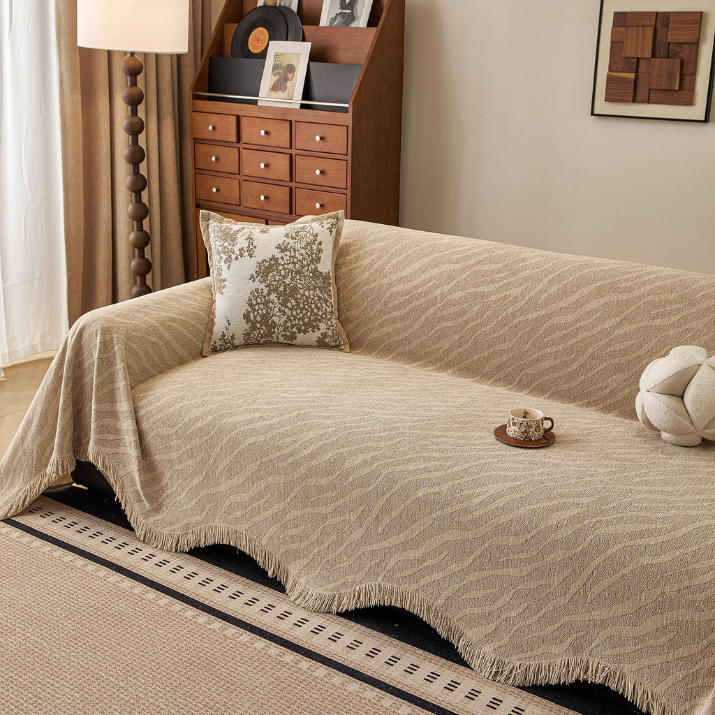 Wavy Wave Pattern Woven Couch Cover with Fringe Tassel, Soft Furniture Cover Protector