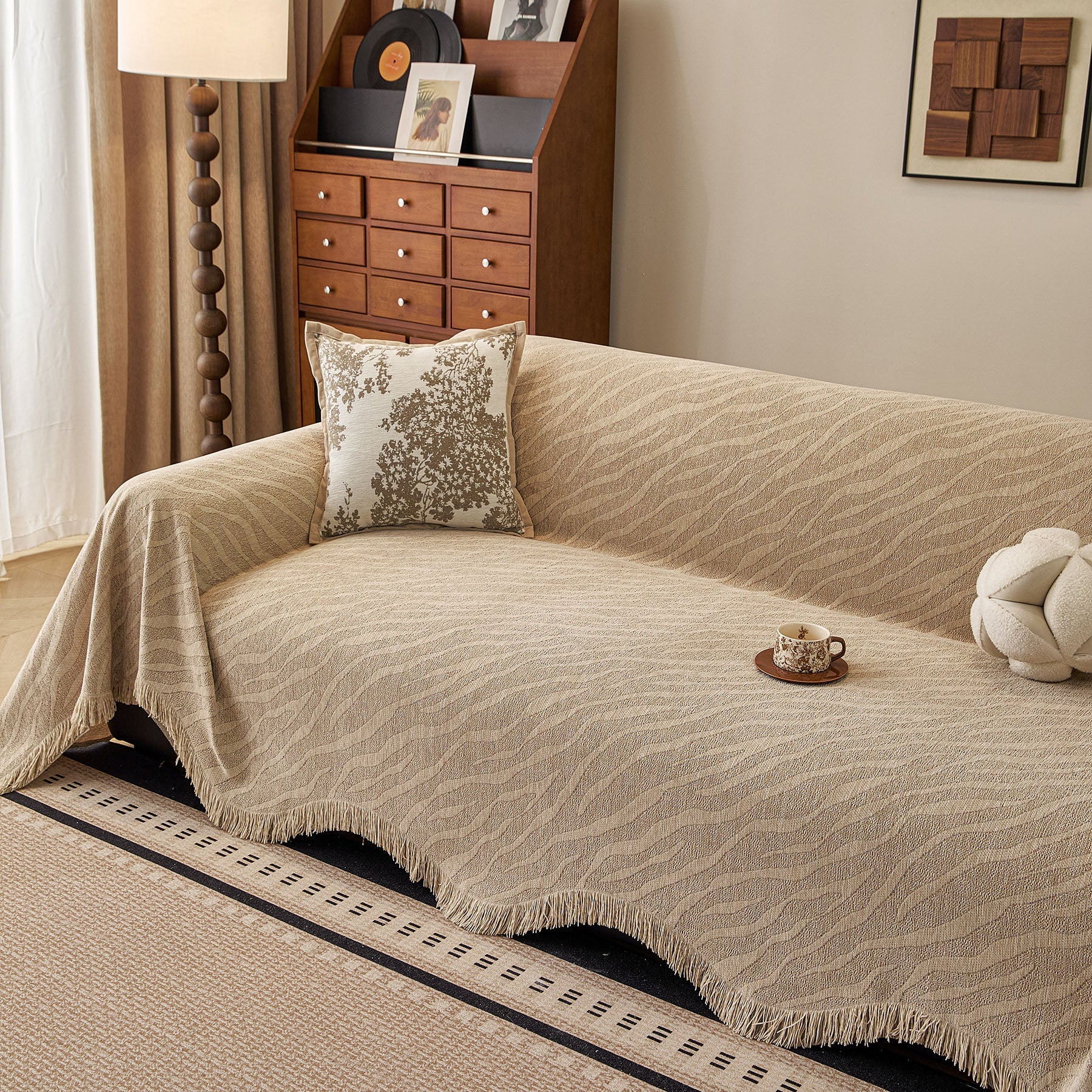 Wavy Wave Pattern Woven Couch Cover with Fringe Tassel, Soft Furniture Cover Protector