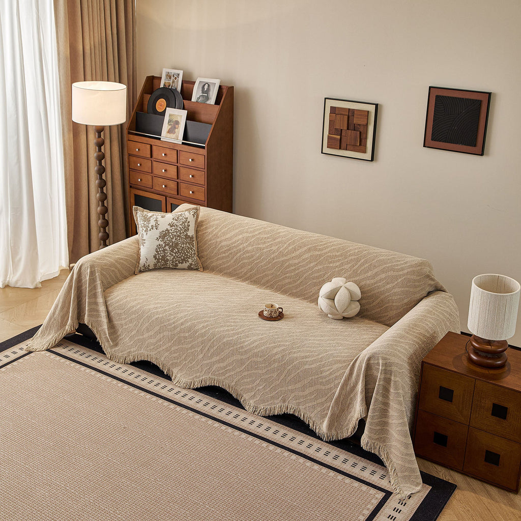 Wavy Wave Pattern Woven Couch Cover with Fringe Tassel, Soft Furniture Cover Protector
