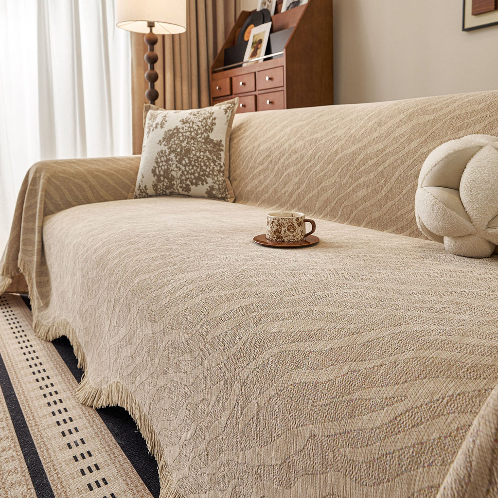 Wavy Wave Pattern Woven Couch Cover with Fringe Tassel, Soft Furniture Cover Protector