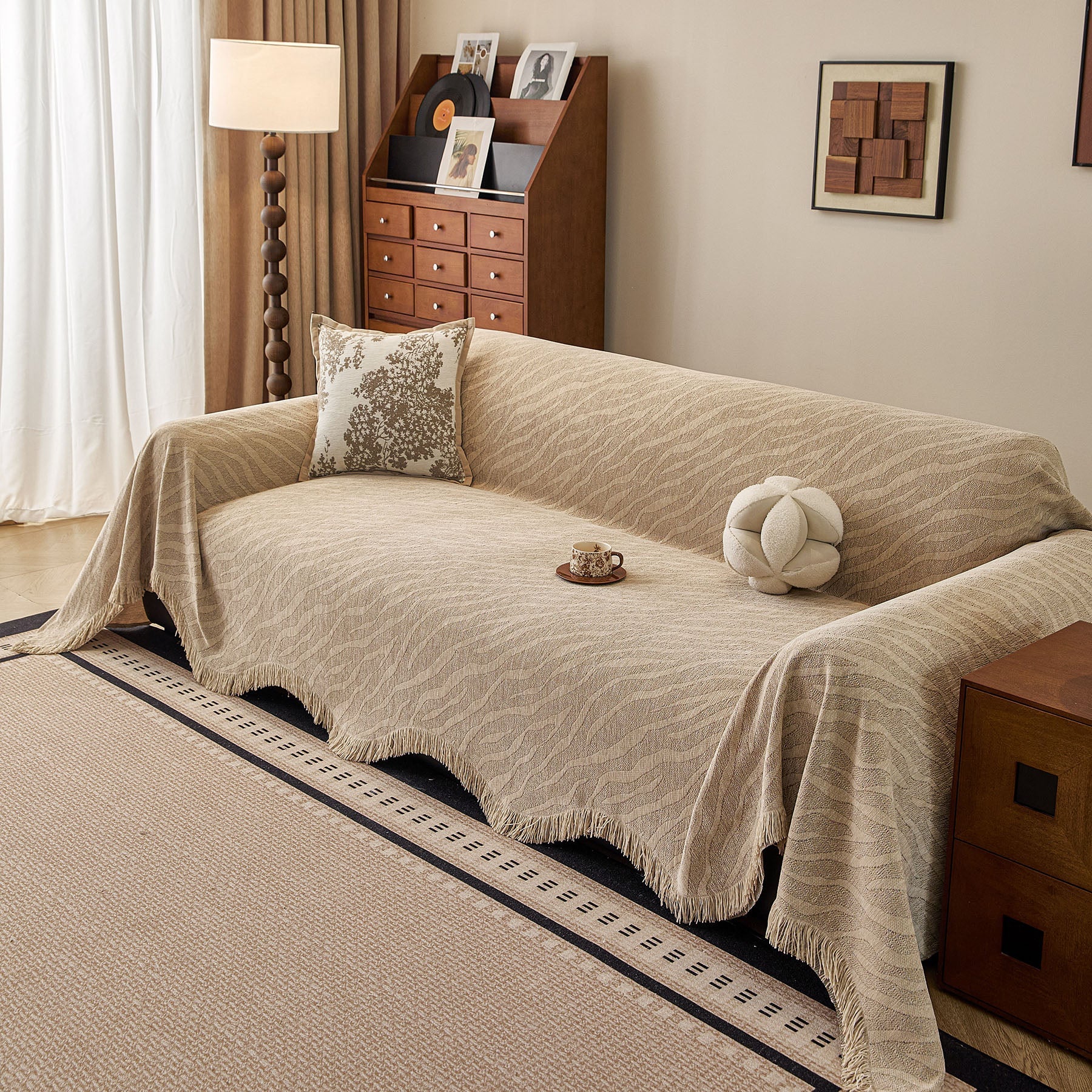 Wavy Wave Pattern Woven Couch Cover with Fringe Tassel, Soft Furniture Cover Protector