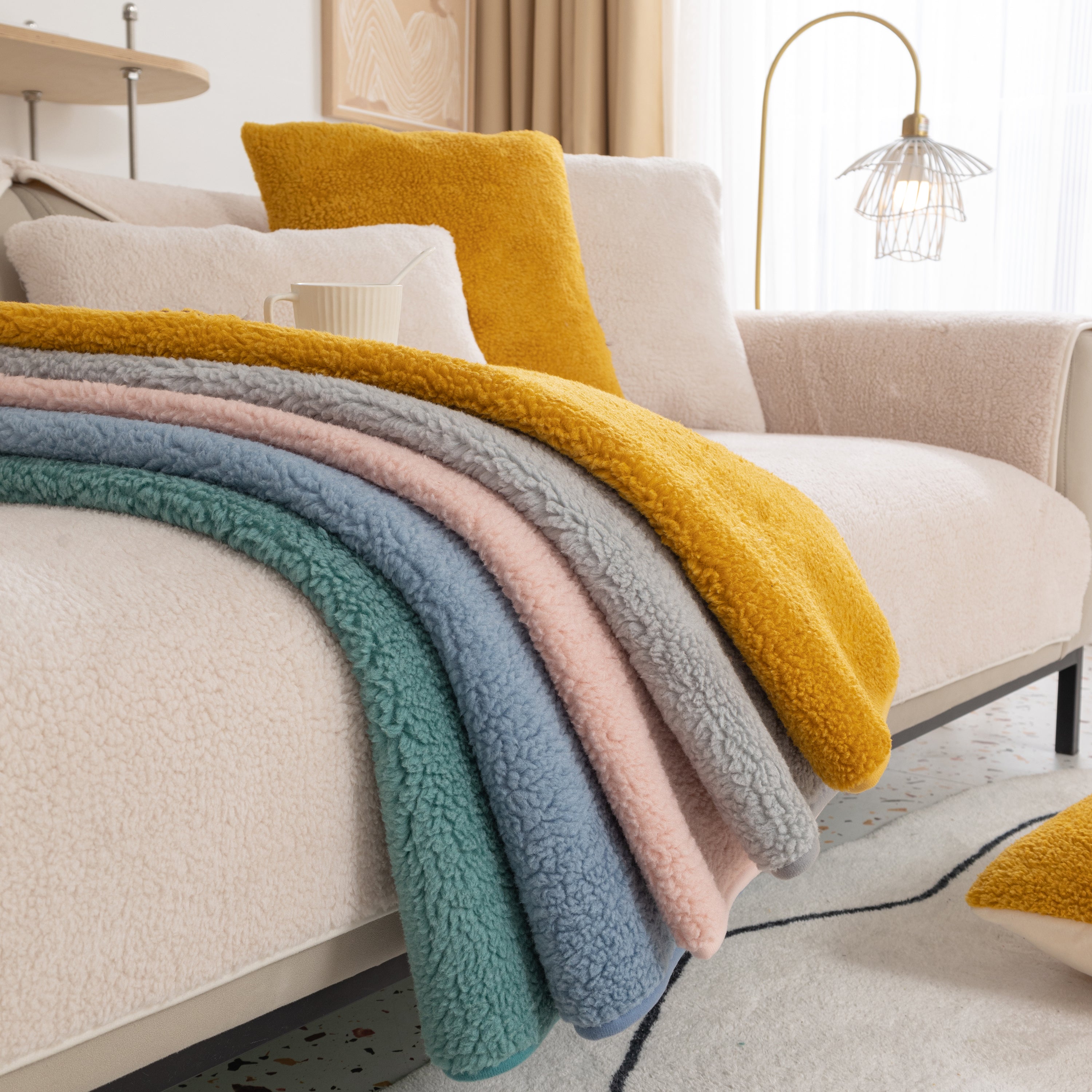 Luxury Sherpa Fleece Solid Sofa Towels Thickened Plush Non Slip Sofa Cushion Covers