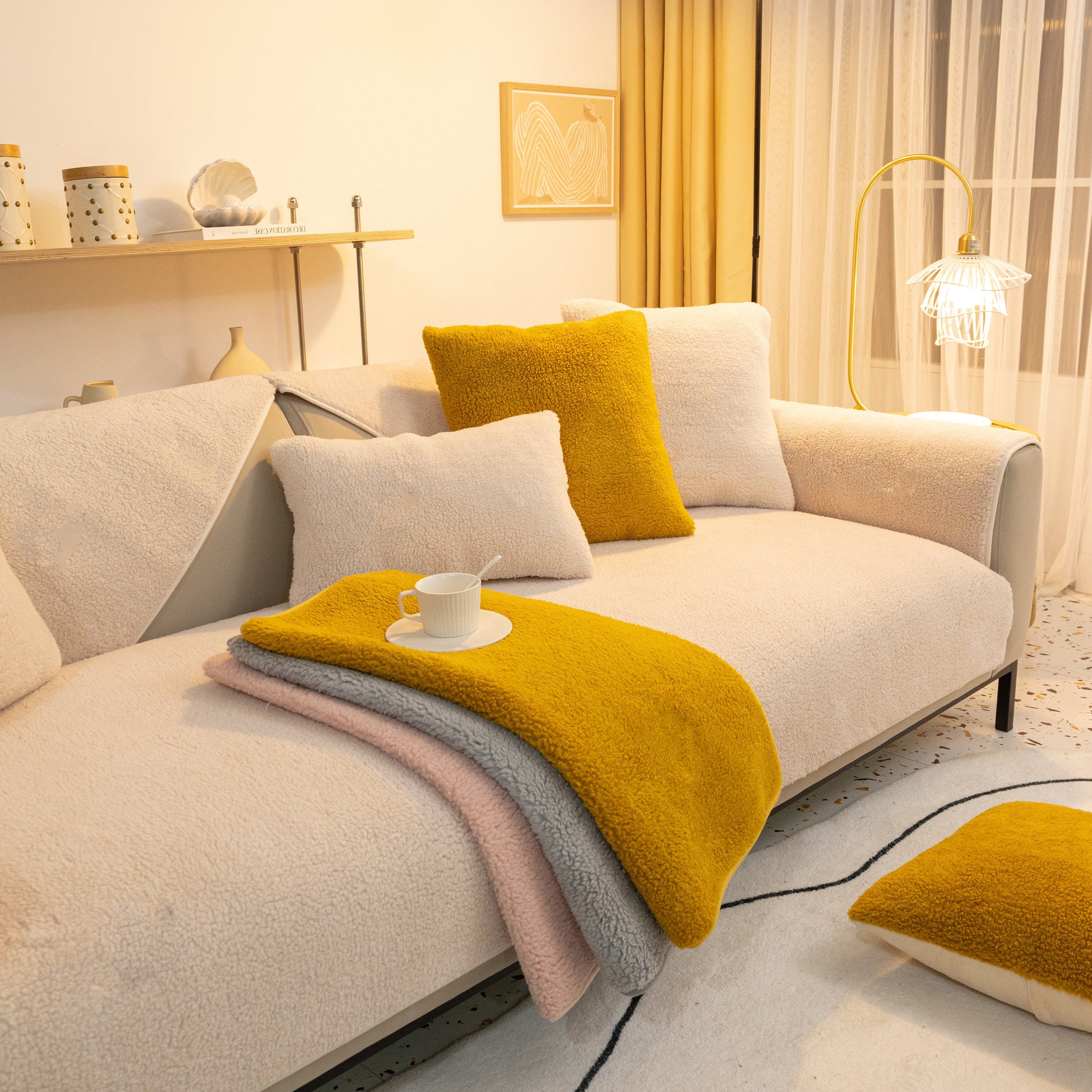 Luxury Sherpa Fleece Solid Sofa Towels Thickened Plush Non Slip Sofa Cushion Covers