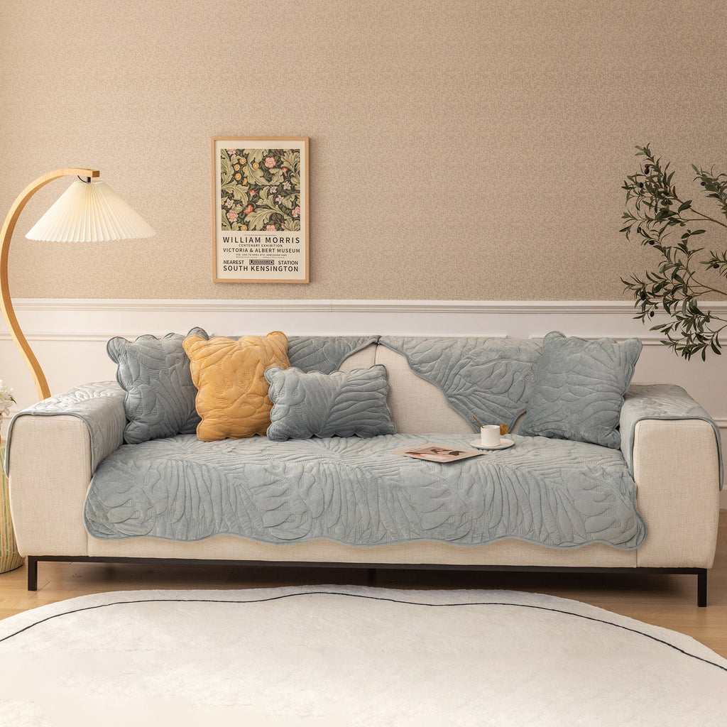 Soft Velvet Plush Non-Slip Sofa Cover Quilted Palm Leaves Sofa Seat Pad for Kids and Pets