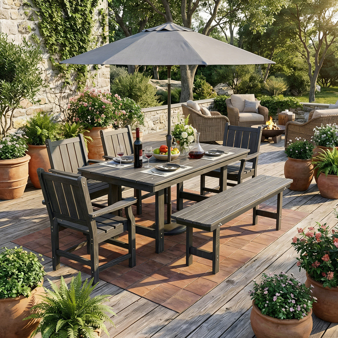 Pamapic HDPE Outdoor Dining Table and Chairs with Umbrella Hole