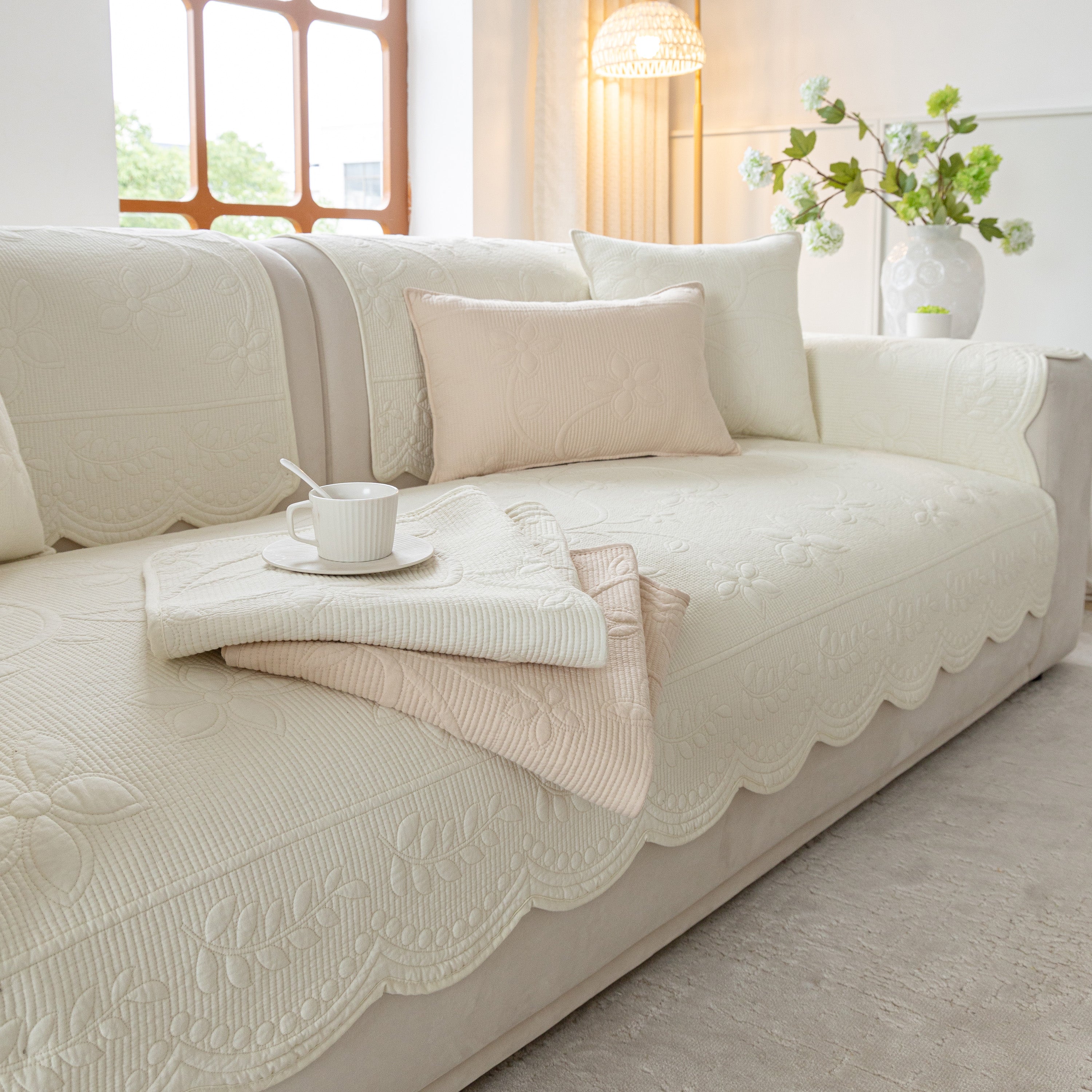 Floral Cotton Quilted Sofa Cover, Non-Slip Couch Protector with Scalloped Edges