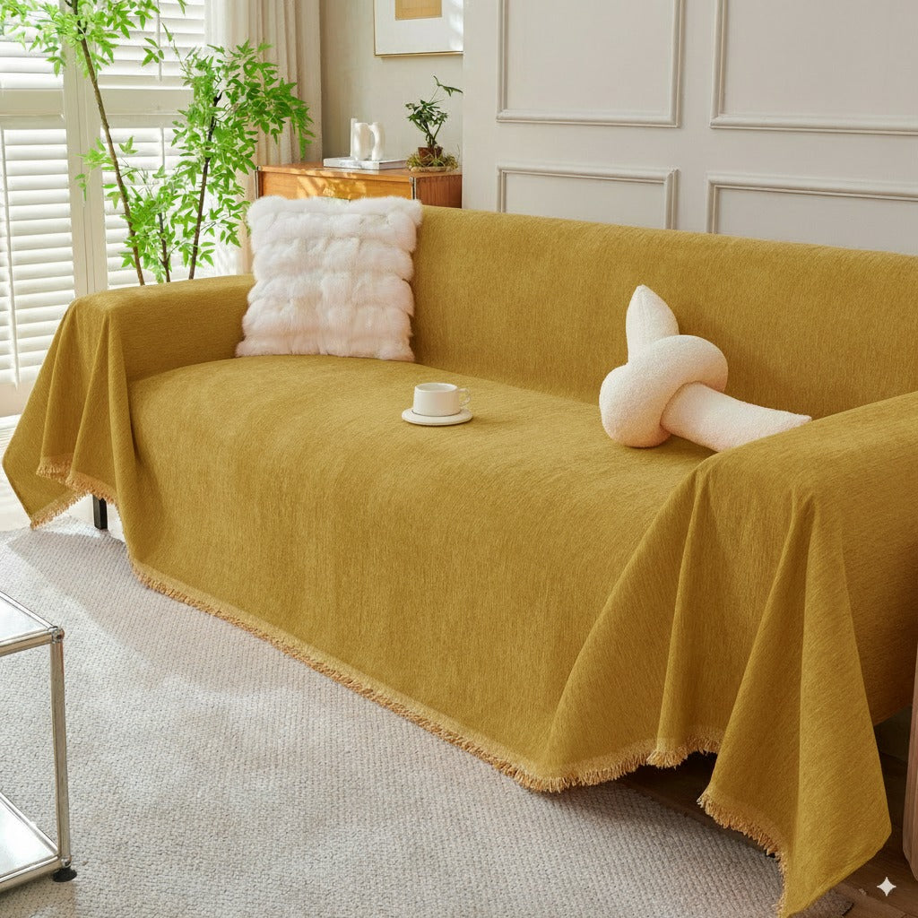 Solid Color Chenille Sofa Throw Blanket, Modern Decor Soft Couch Cover with Fringes