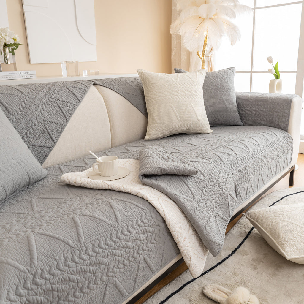 Geometric Textured Cotton Quilted Sofa Cover, Non-Slip Washable Couch Protector