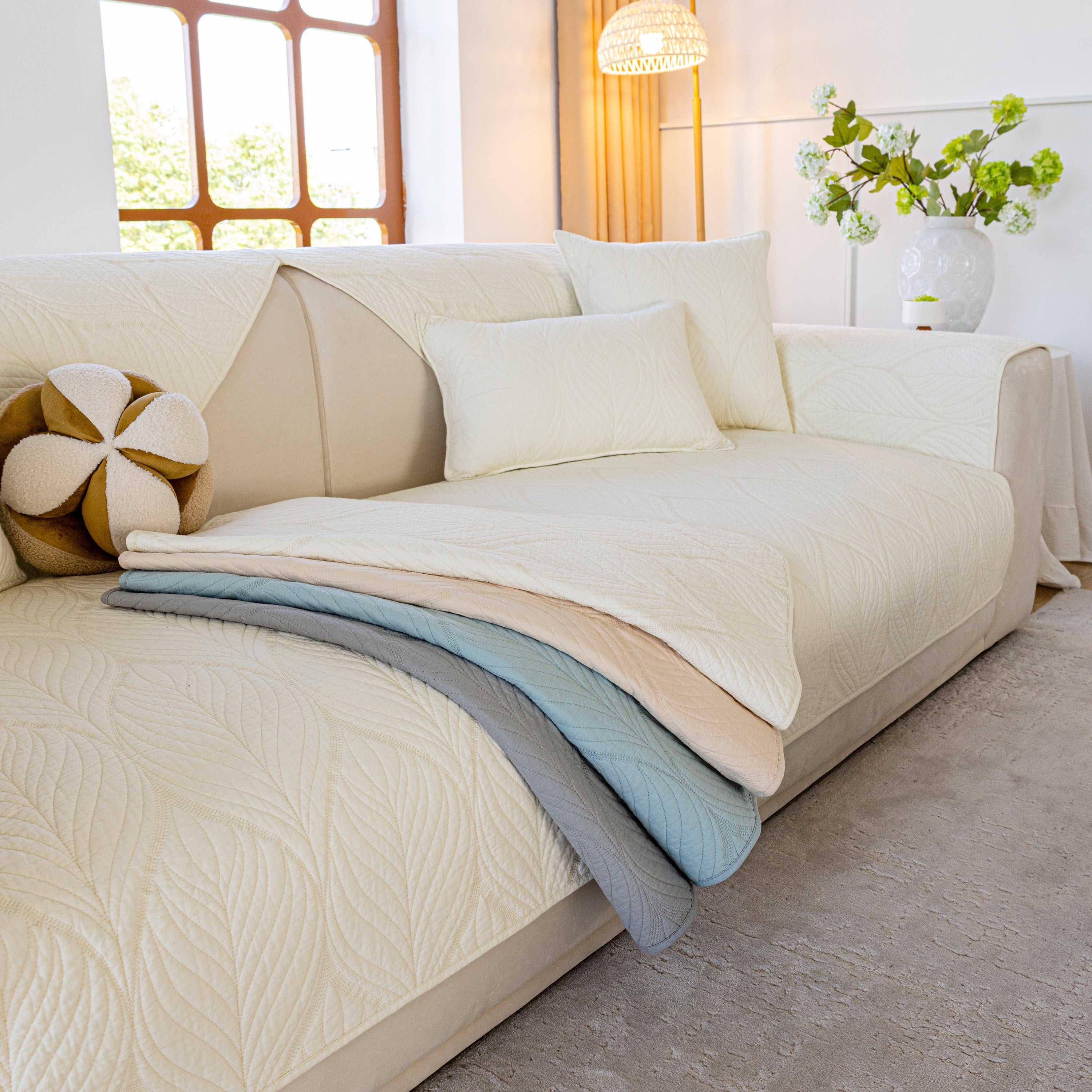 Leaf Vein Textured Cotton Quilted Sofa Slipcover, Non-Slip Modular Couch Covers