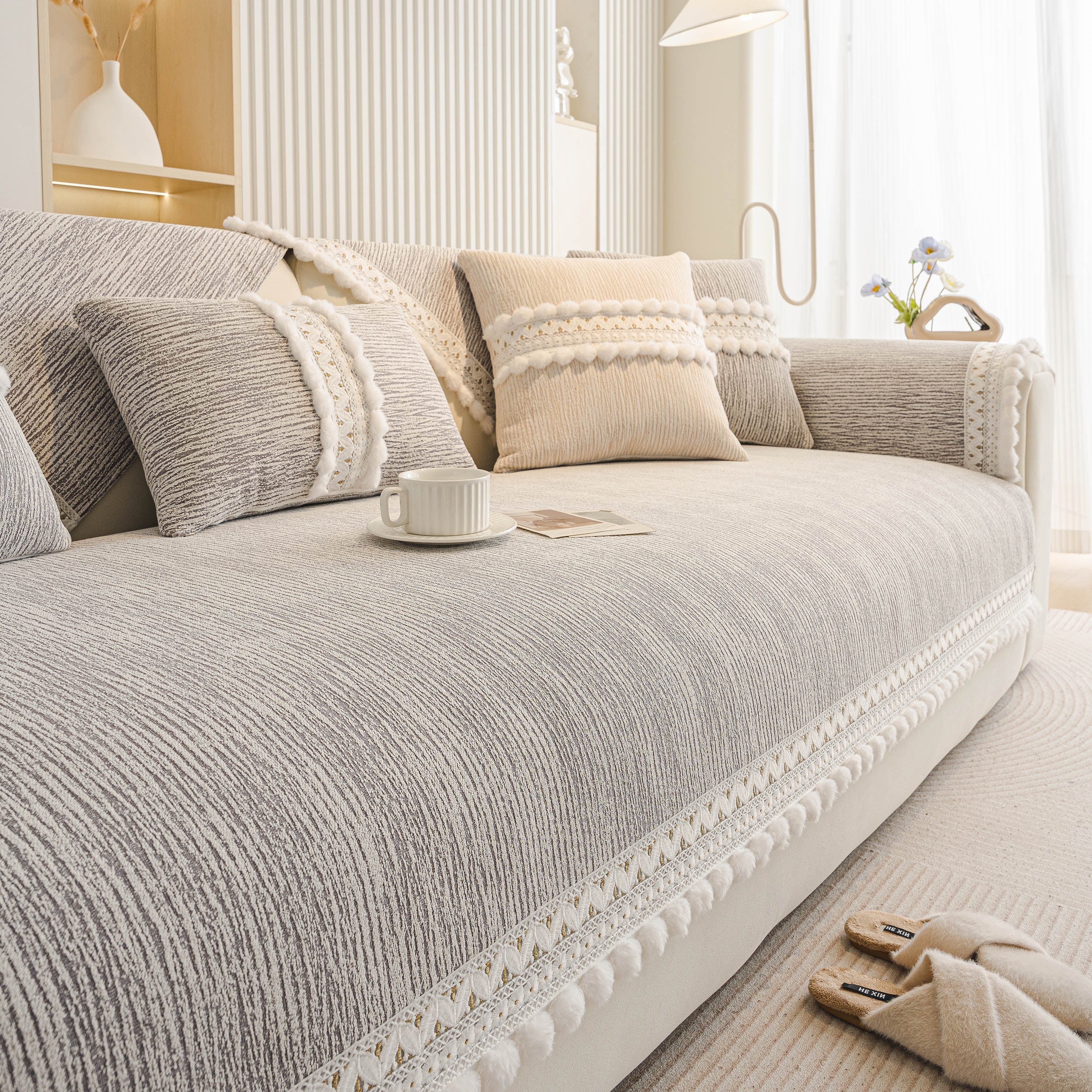 Soft Chenille Sectional Sofa Cover with Pom Pom Trim – Non-Slip Couch Protector