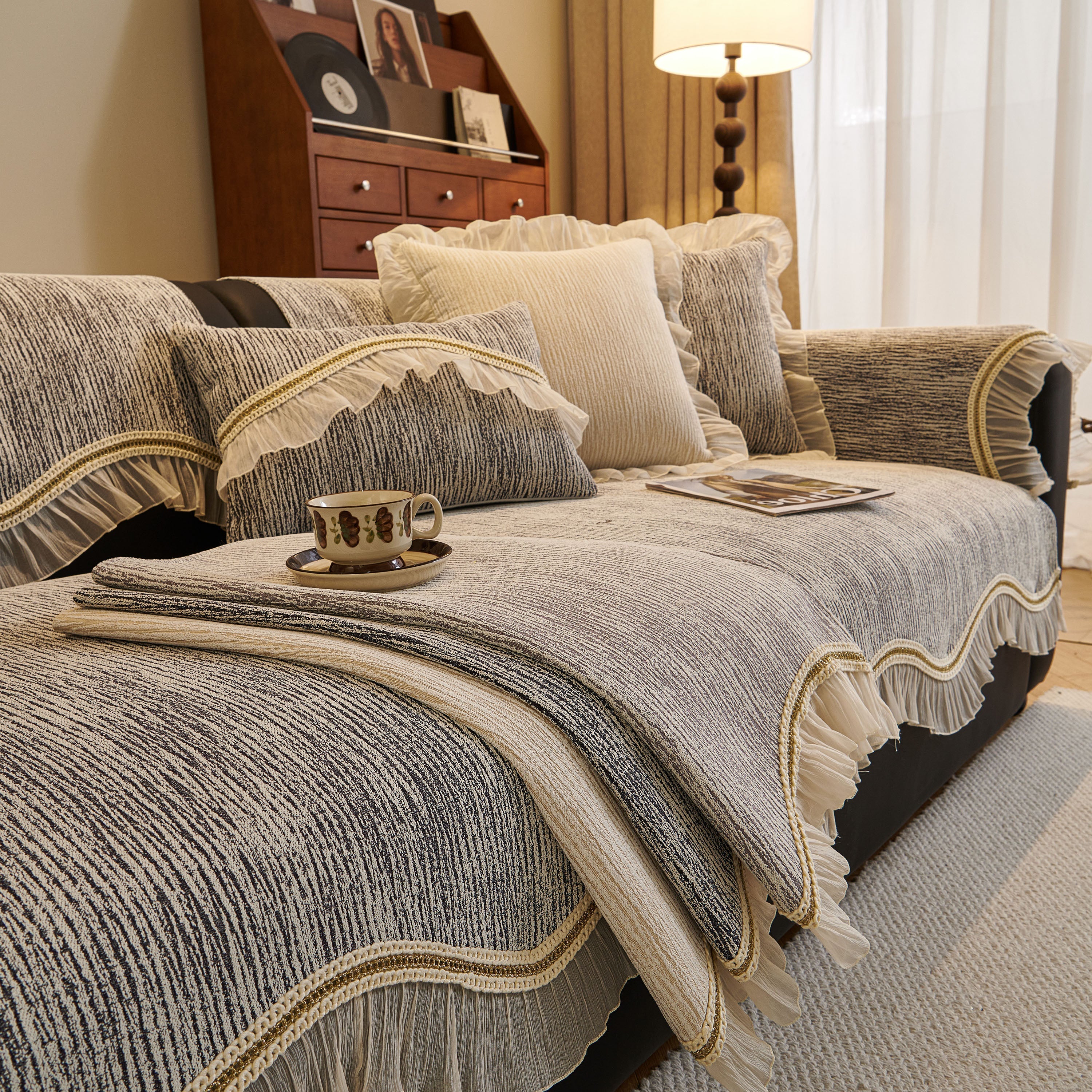 French Vintage Style Couch Cover with Skirt,  Non-Slip Sectional Furniture Covers