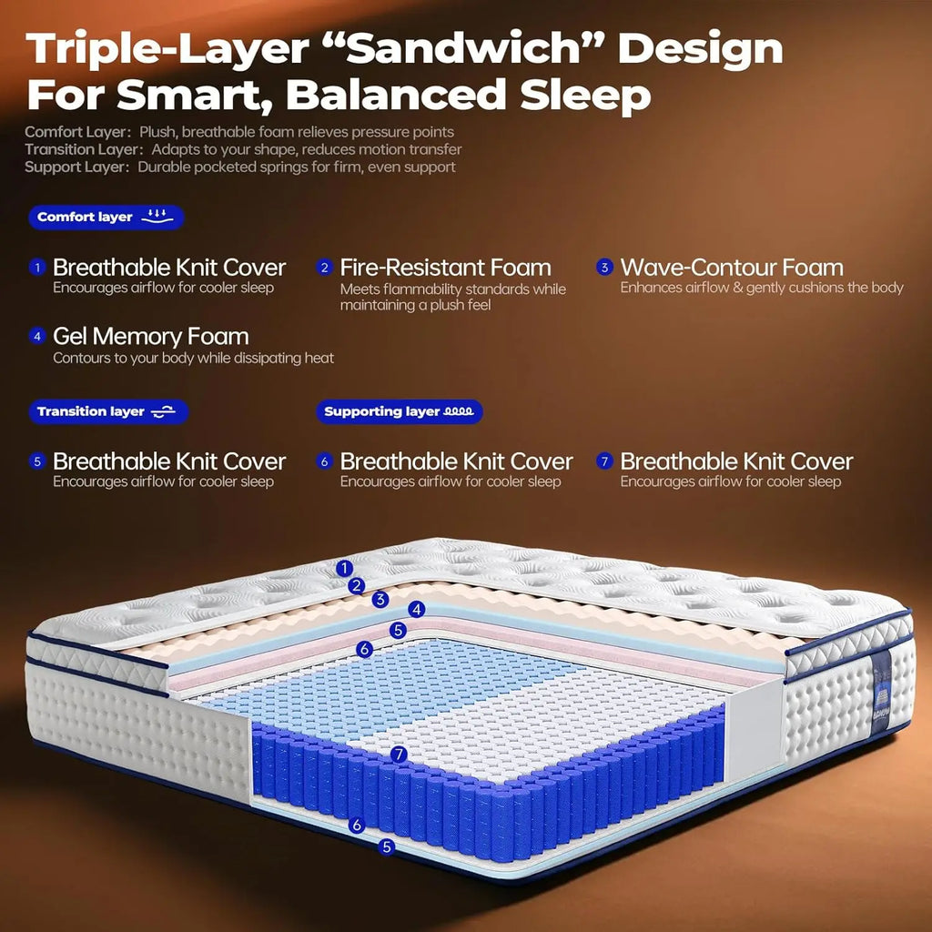 Luxury King-Size 5-Star Hotel Bed Mattress 11\" Individually Wrapped Inner Spring Latex Convertible Bedroom Feature