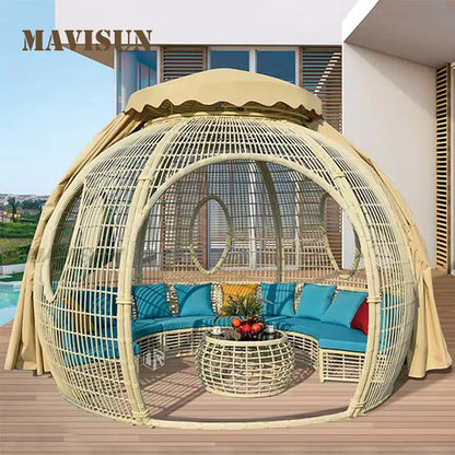 Moder Outdoor Rattan Tent With 3 Doors Sofa For Garden Terrace Courtyard Home Hemispherical Water Proof Cloth Camping Furniture