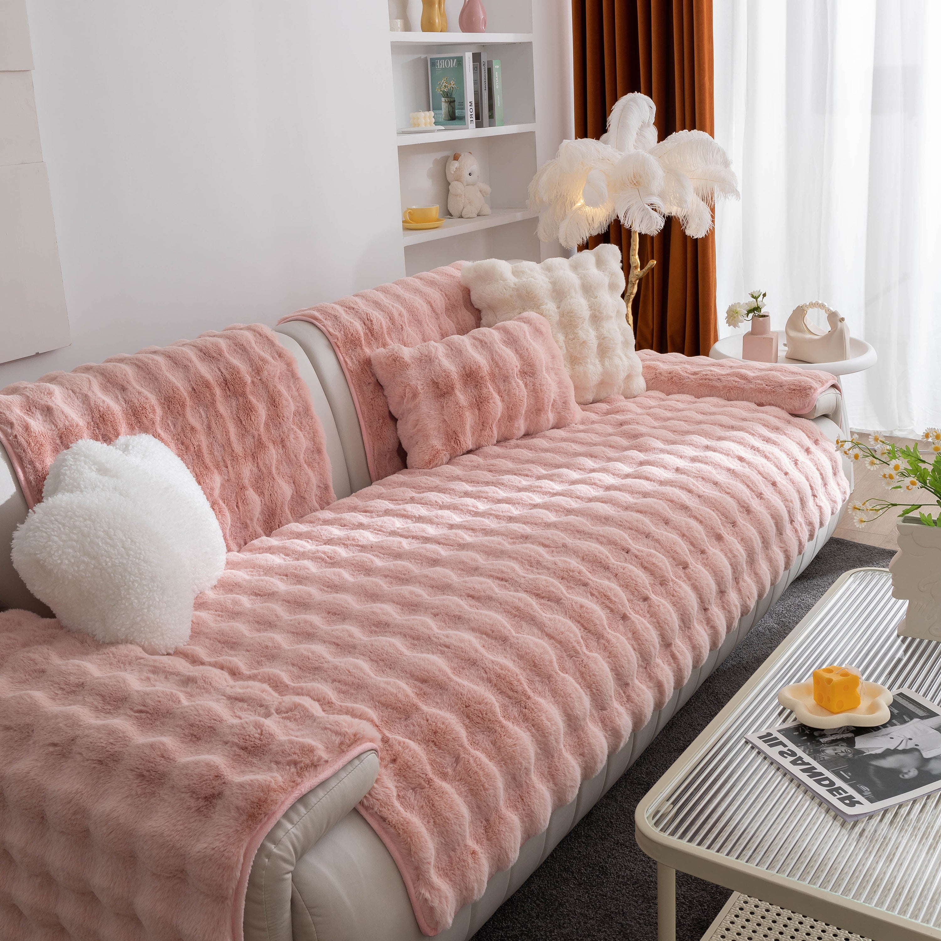 Thick Sofa Cushion Solid Color Faux Fur Fluffy Sofa Cushion Non-Slip Couch Covers