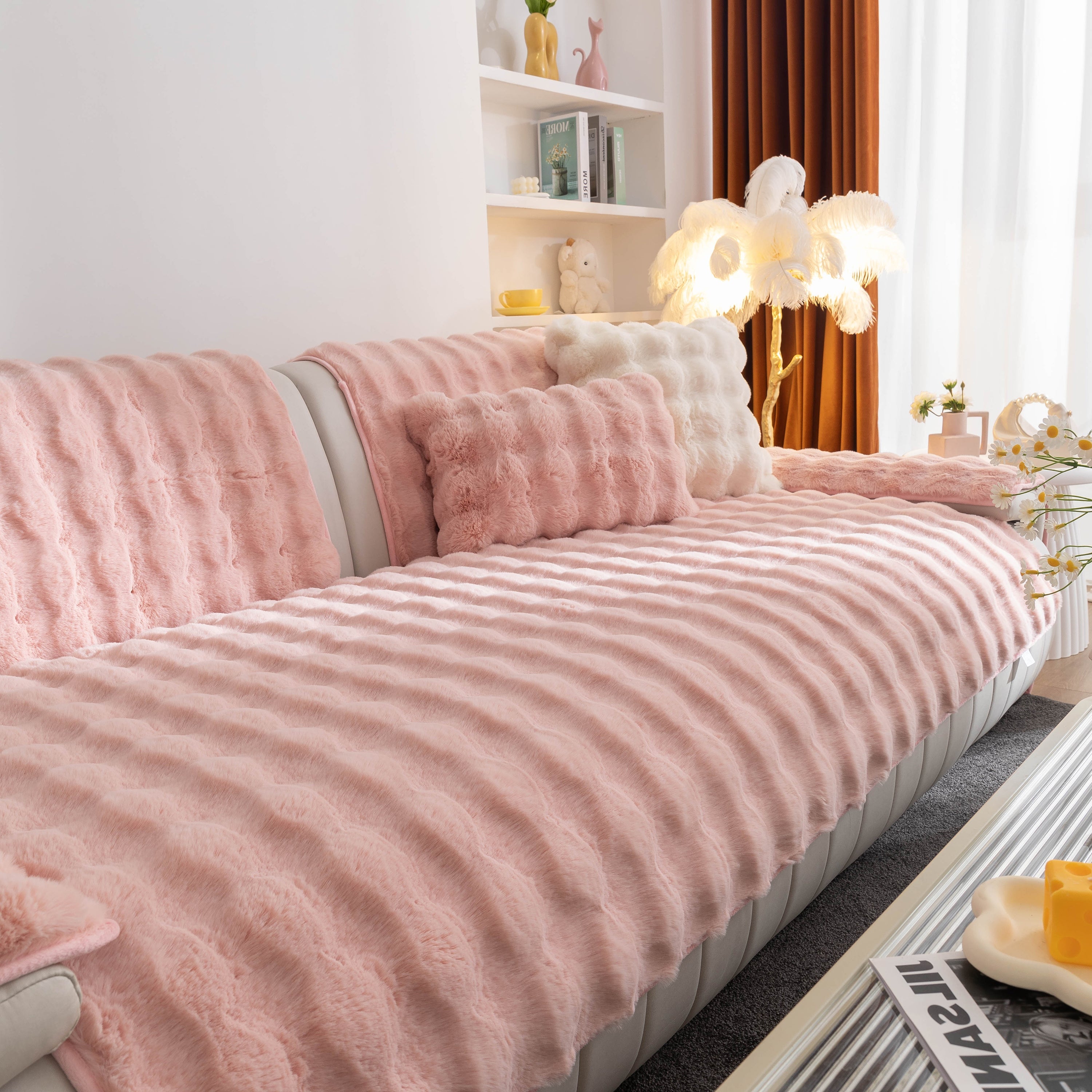 Thick Sofa Cushion Solid Color Faux Fur Fluffy Sofa Cushion Non-Slip Couch Covers