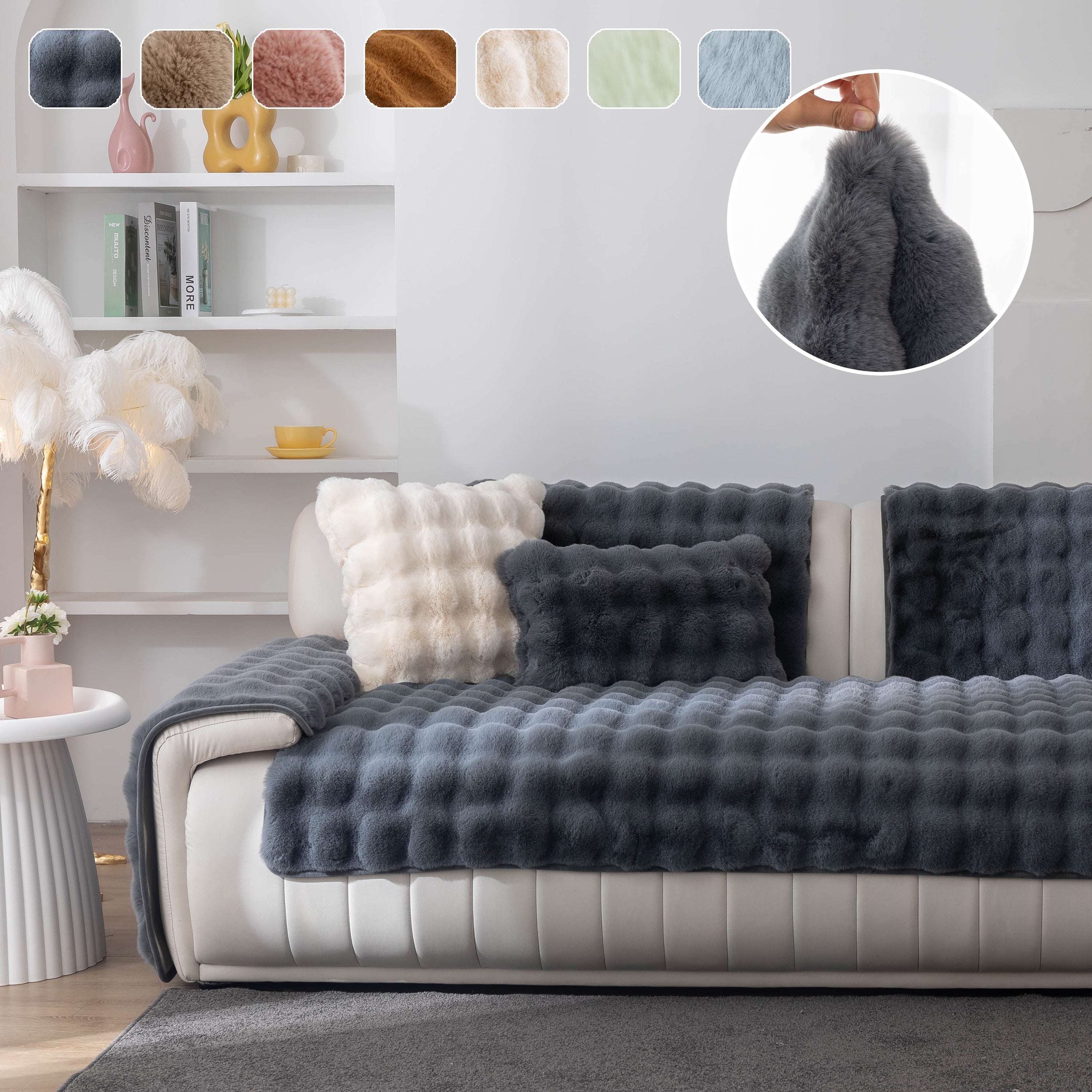 Thick Sofa Cushion Solid Color Faux Fur Fluffy Sofa Cushion Non-Slip Couch Covers