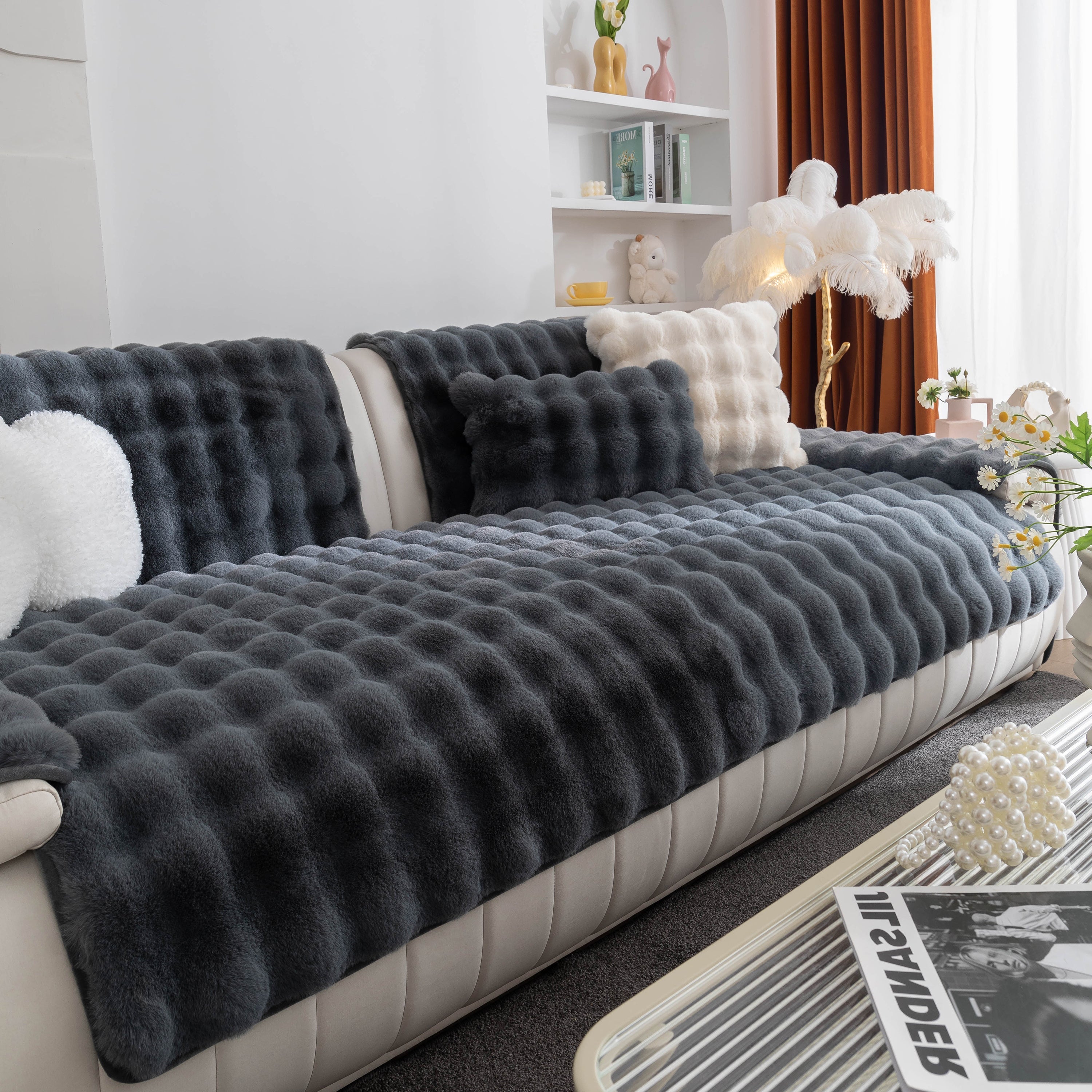 Thick Sofa Cushion Solid Color Faux Fur Fluffy Sofa Cushion Non-Slip Couch Covers