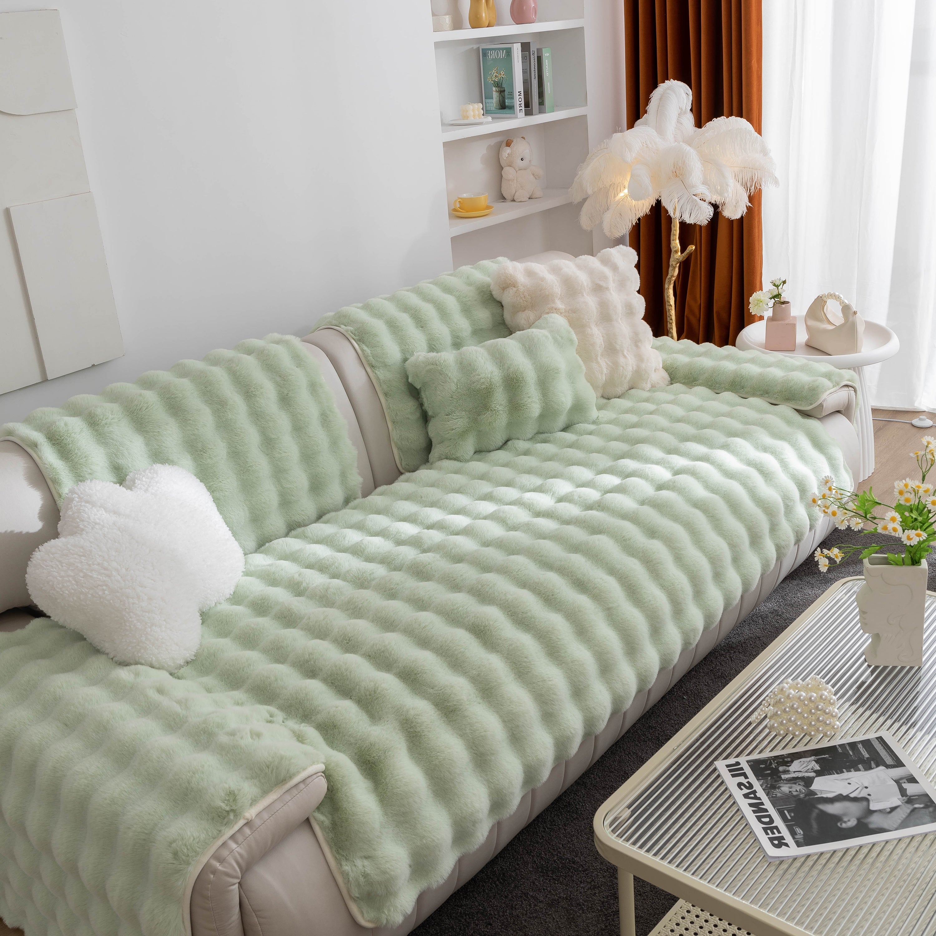 Thick Sofa Cushion Solid Color Faux Fur Fluffy Sofa Cushion Non-Slip Couch Covers