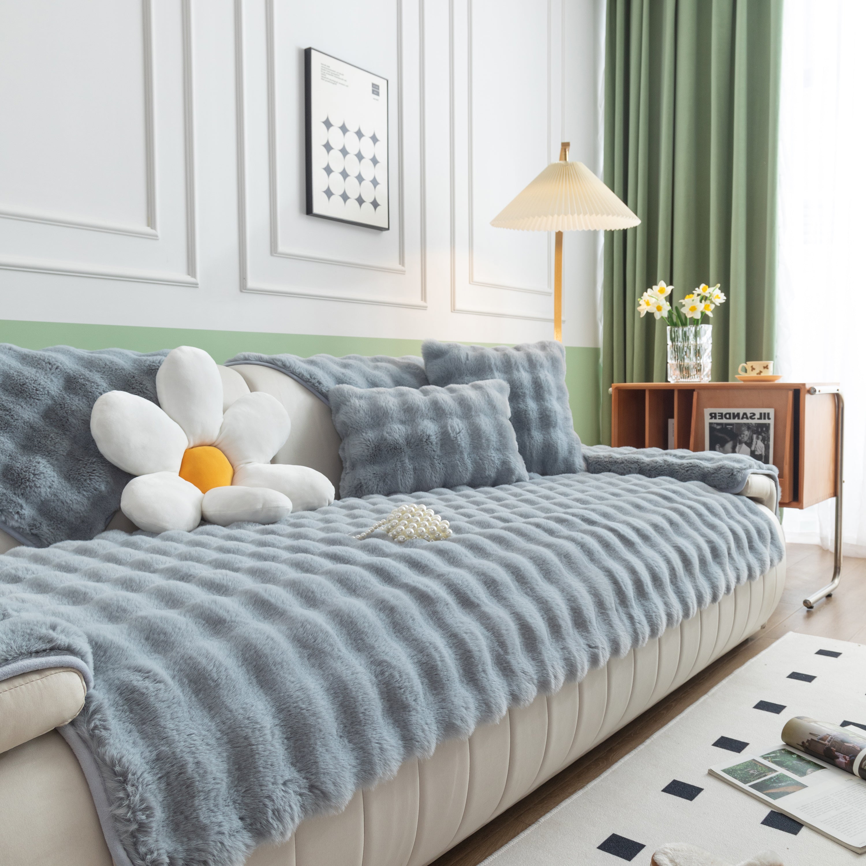 Thick Sofa Cushion Solid Color Faux Fur Fluffy Sofa Cushion Non-Slip Couch Covers