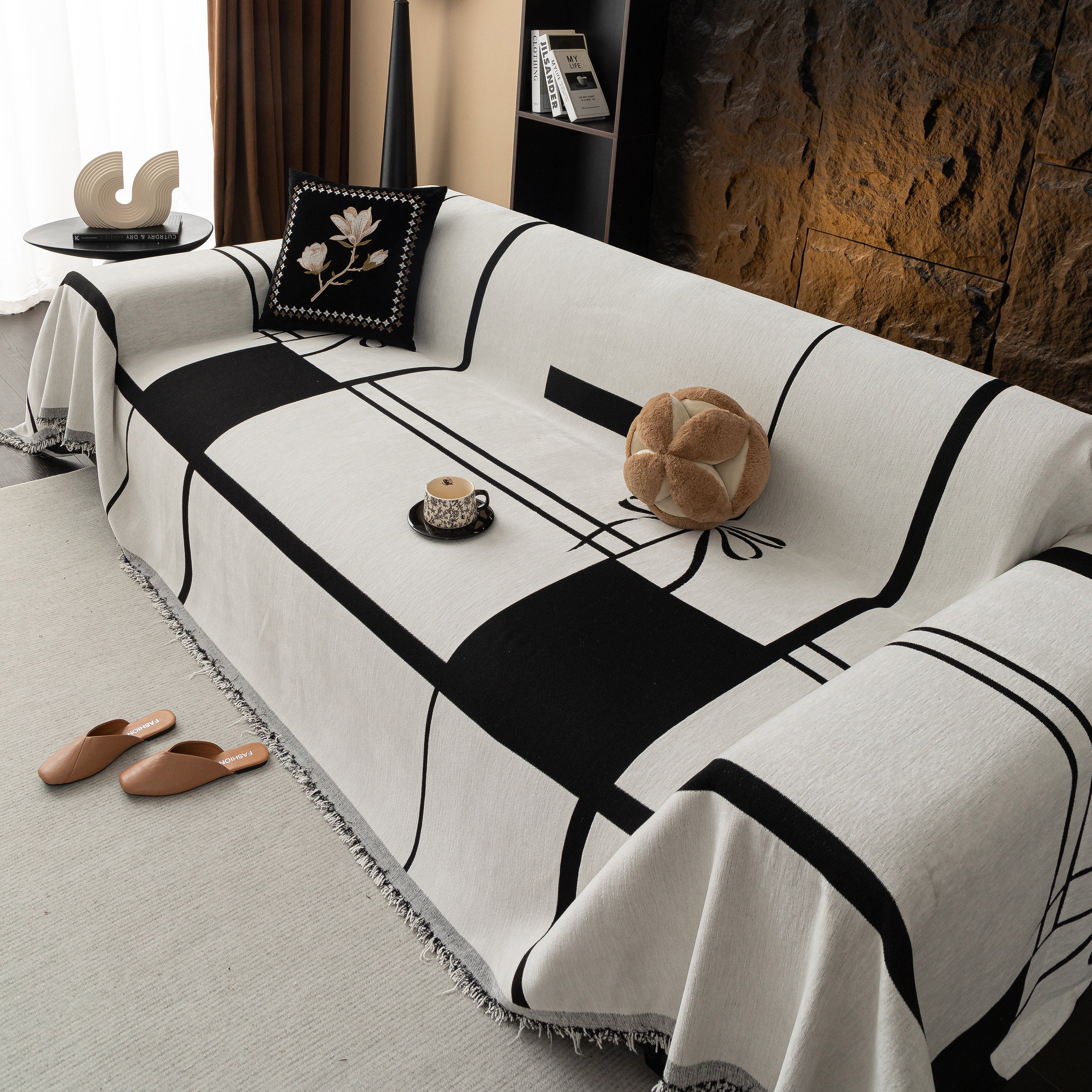 Modern Plaid Heavy Duty Sofa Throw Blanket, Boho Farmhouse Couch Cover with Tassel