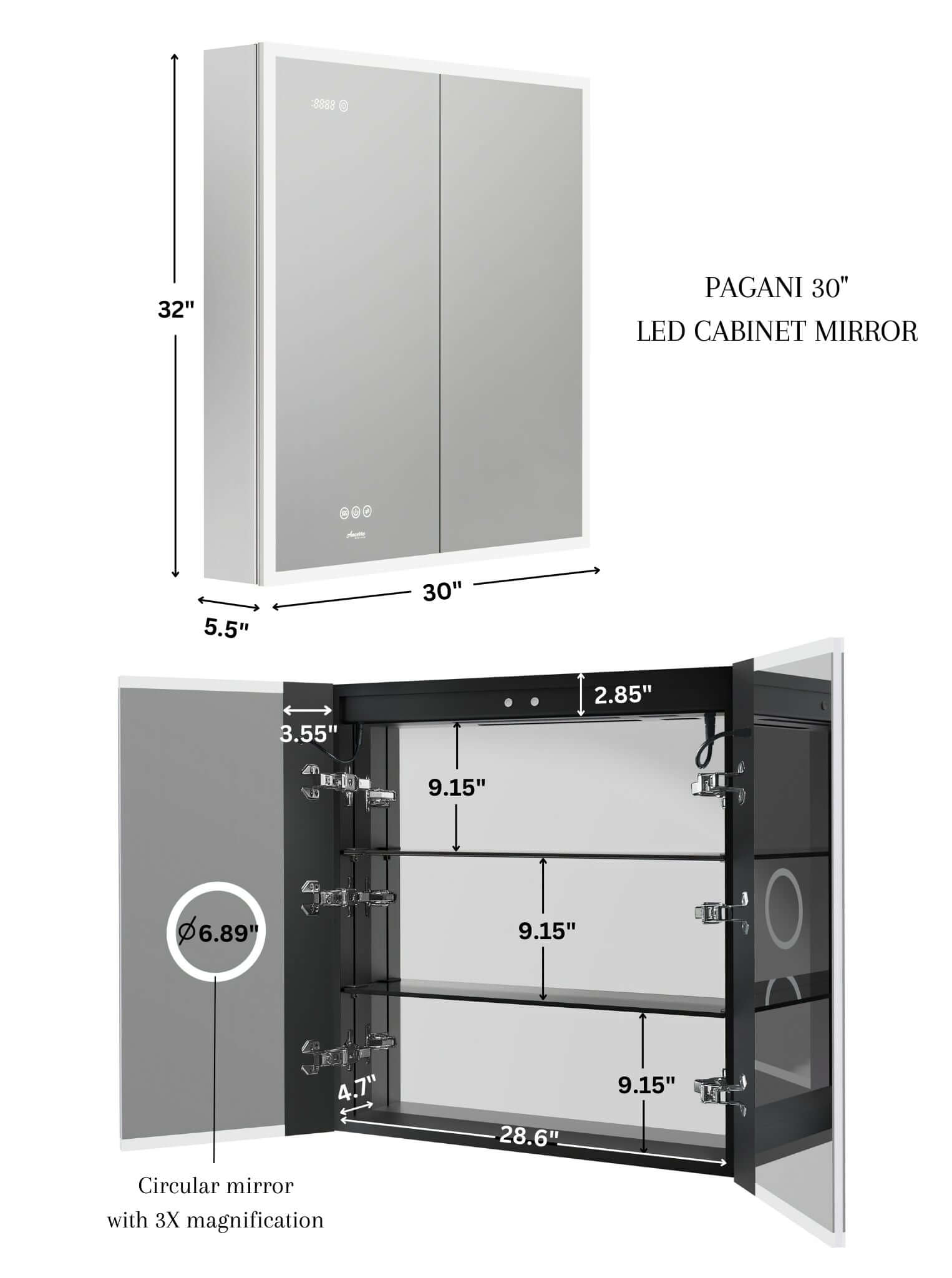 Pagani LED Mirror Cabinet with Defogger, Dimmer, Magnifier & USB outlet
