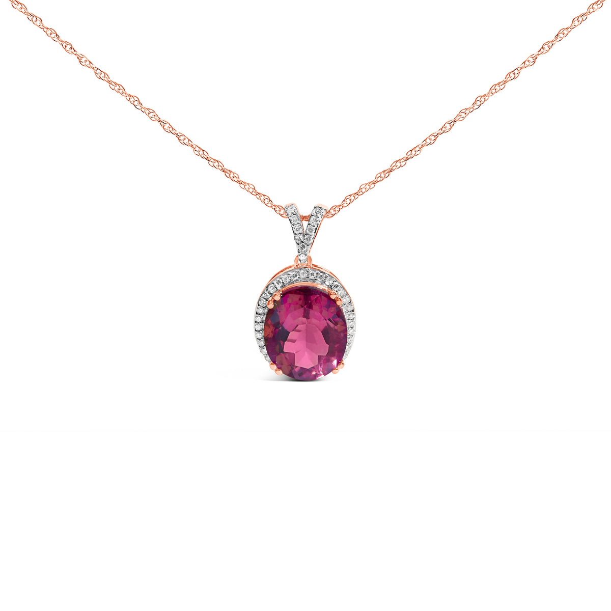 14K Rose Gold Vermeil Sterling Silver 1/5 Cttw Diamond Pink Quartz Oval Pendant Necklace