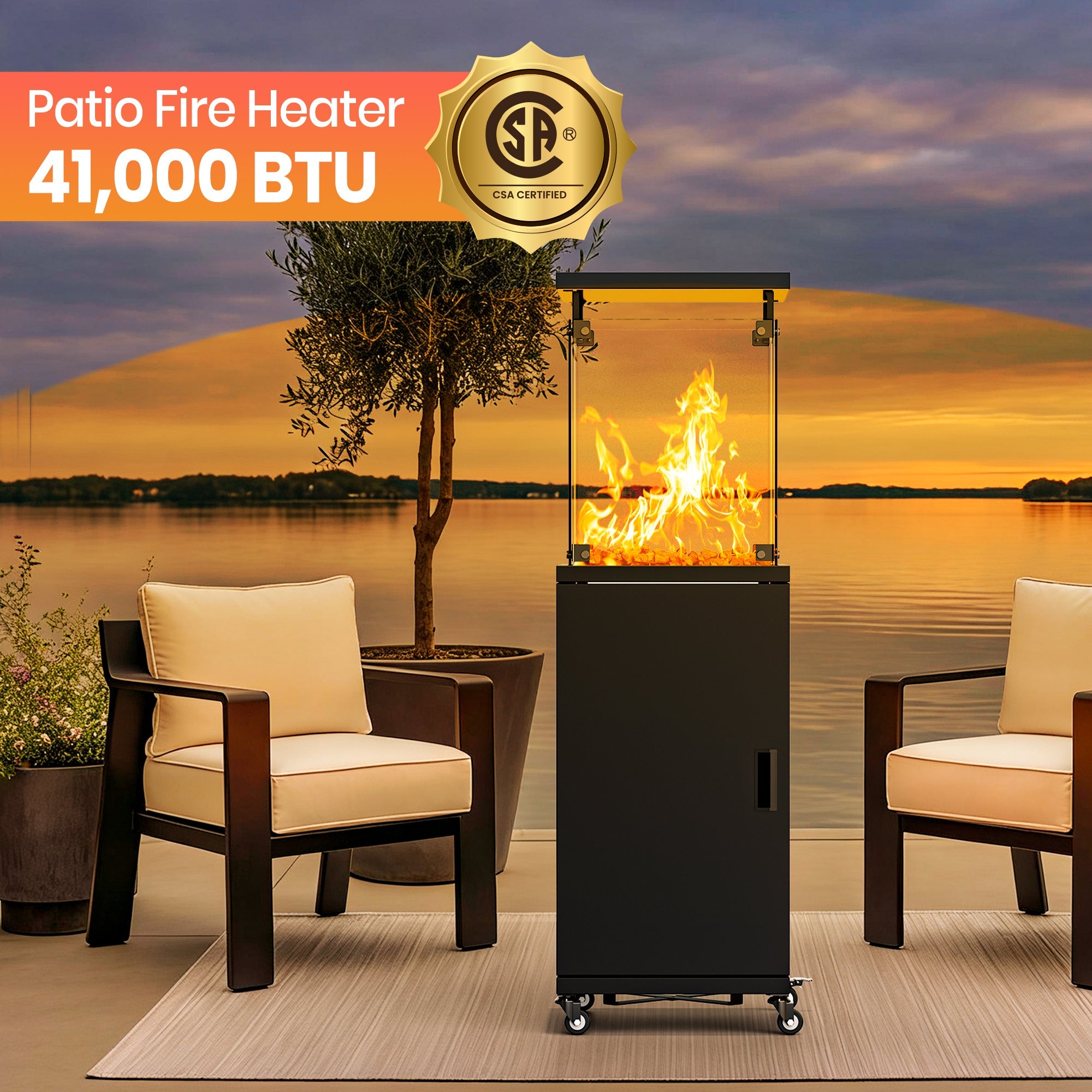 Pamapic 41000 BTU Propane Outdoor Heater with Lockable Wheels & Cover for Deck, Black