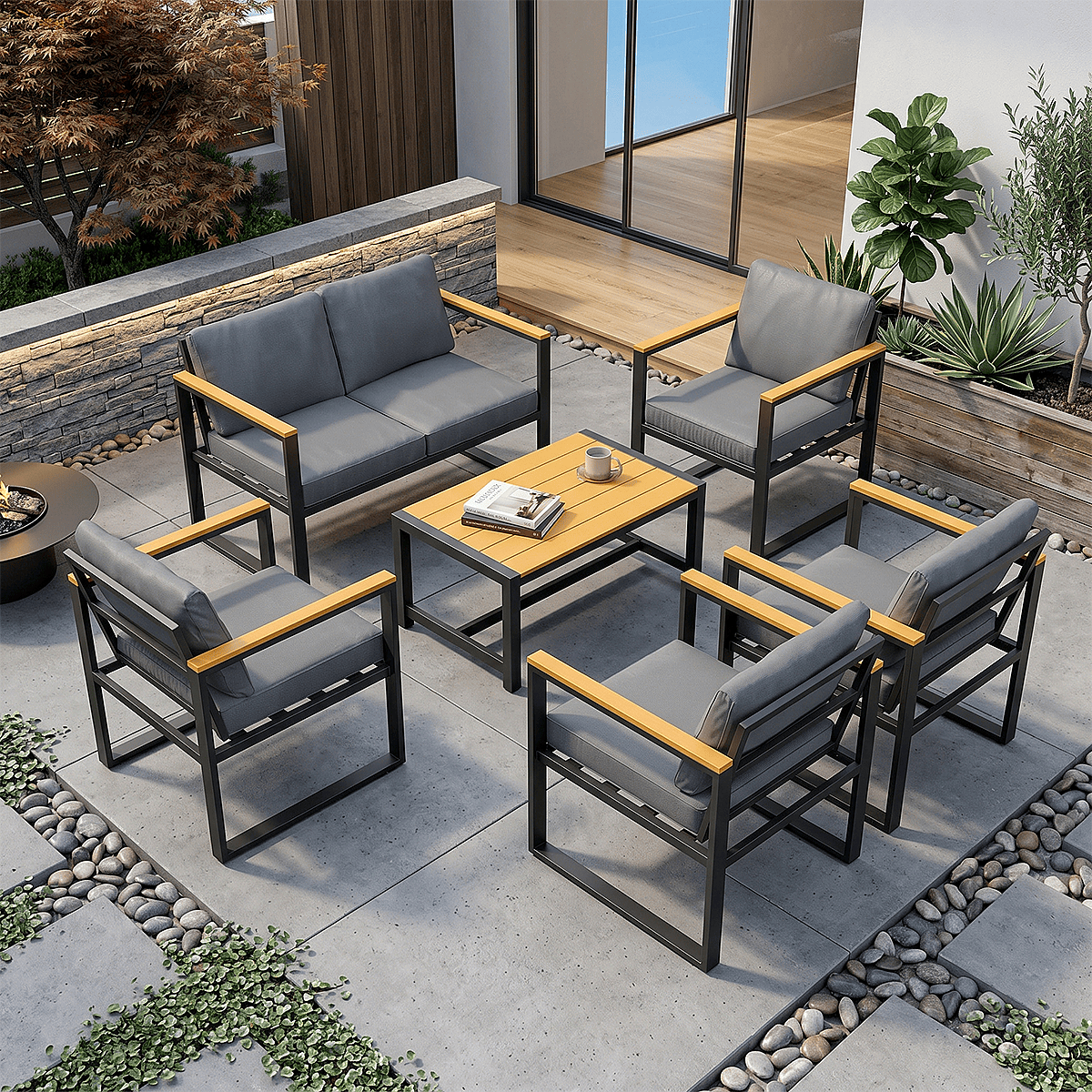 Pamapic Metal Patio Conversation Sets with Cushions and Coffee Table