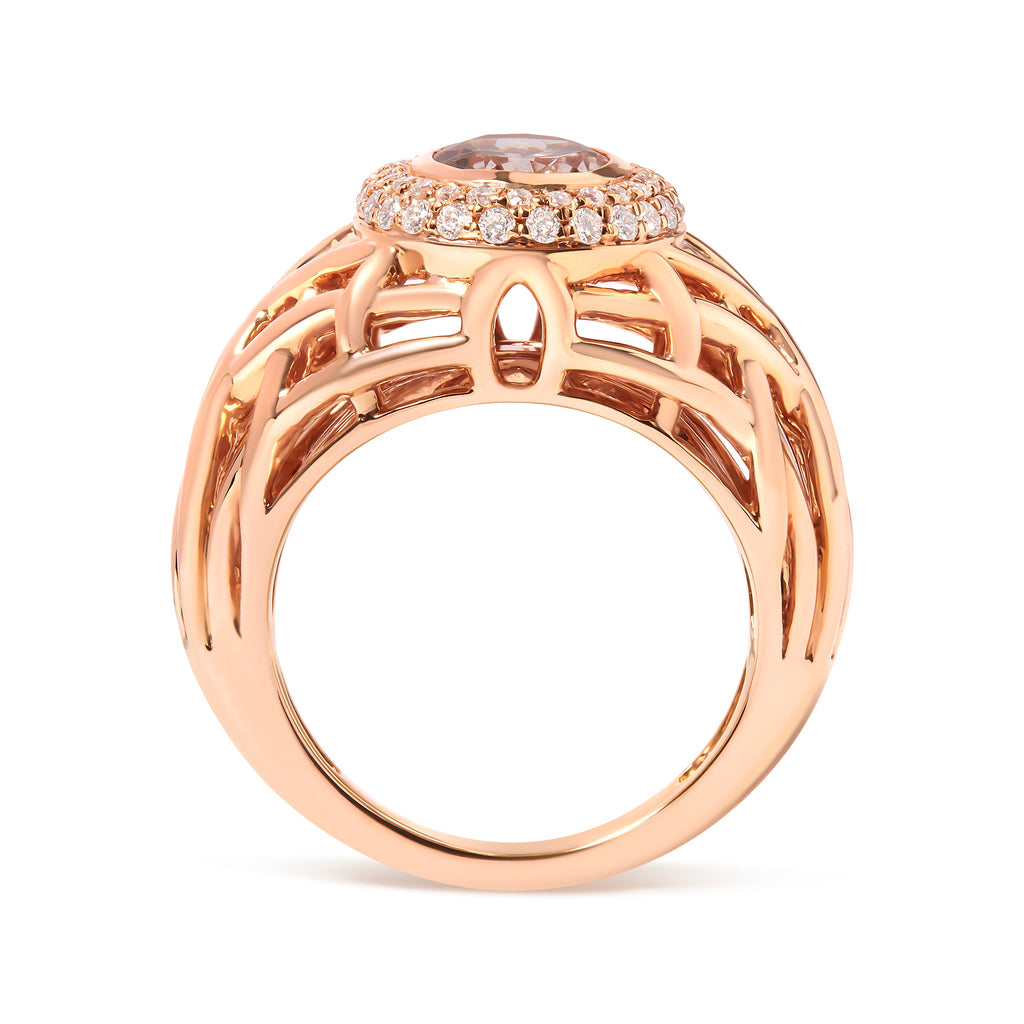 14K Rose Gold Oval Morganite and 3/8 Cttw Diamond Halo Basket Weave Cocktail Ring Size 7