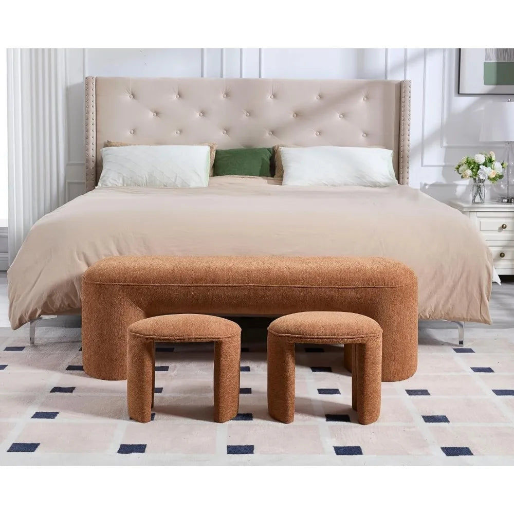 Ottoman Bench 53 Inch Long Bedroom Bench with 2 Small Stools Chenille Padded Entryway Bench Set of 3 Comfy Upholstered