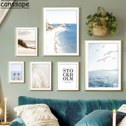 Blue Sea Print Posters Seagull Wall Art Beach Reed Canvas Pictures Seascape Art Prints Nordic Poster Living Bedroom Decoration