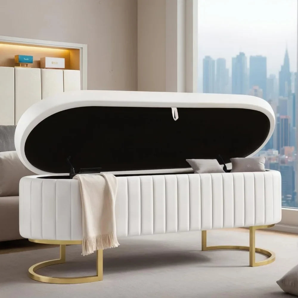 50" Velvet Storage Bench,Ottoman Bench with 300lb Seating,Upholstered Fabric  with Gold Legs,Flipping Lid Entryway Footrest